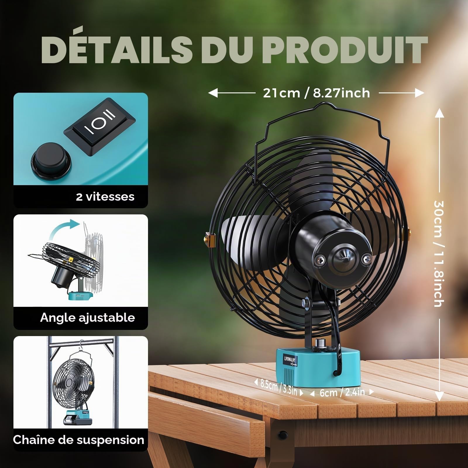 LIVOWALNY Ventilateur Sans fil 8" Compatible avec Makita 18V – Ventilateur Compact avec Port USB/Type-C et Protection Basse Tension – Idéal Atelier, Extérieur, Maison, Chantier (Outils Uniquement)