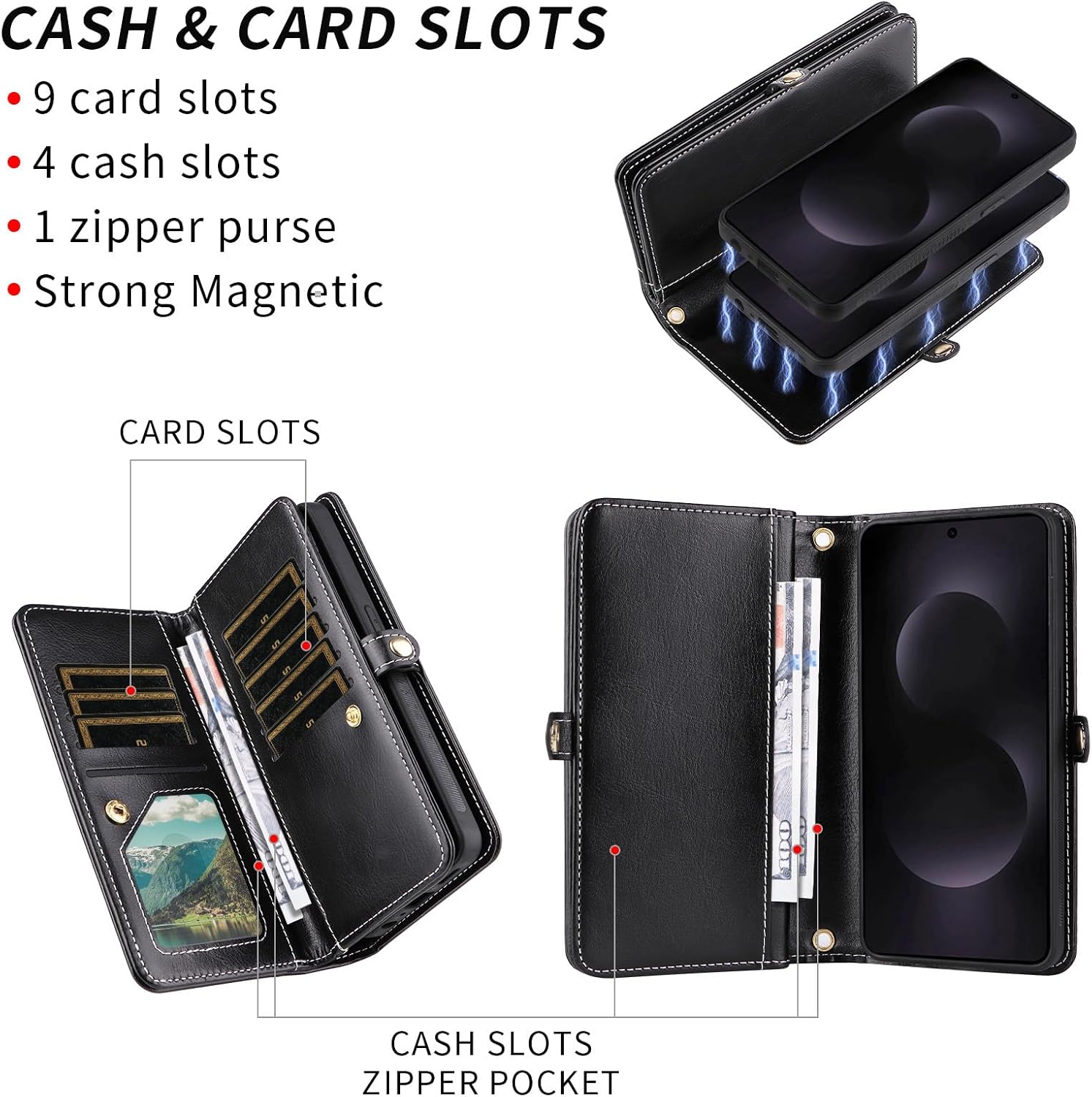 Asuwish Phone Case for Samsung Galaxy S25 Edge 5G Zipper Wallet Cell Cover with Tempered Glass Screen Protector Strap Bling Glitter Flip Card Holder Slot S25Edge 25S S 25 25Edge 6.66 2025 Women Black
