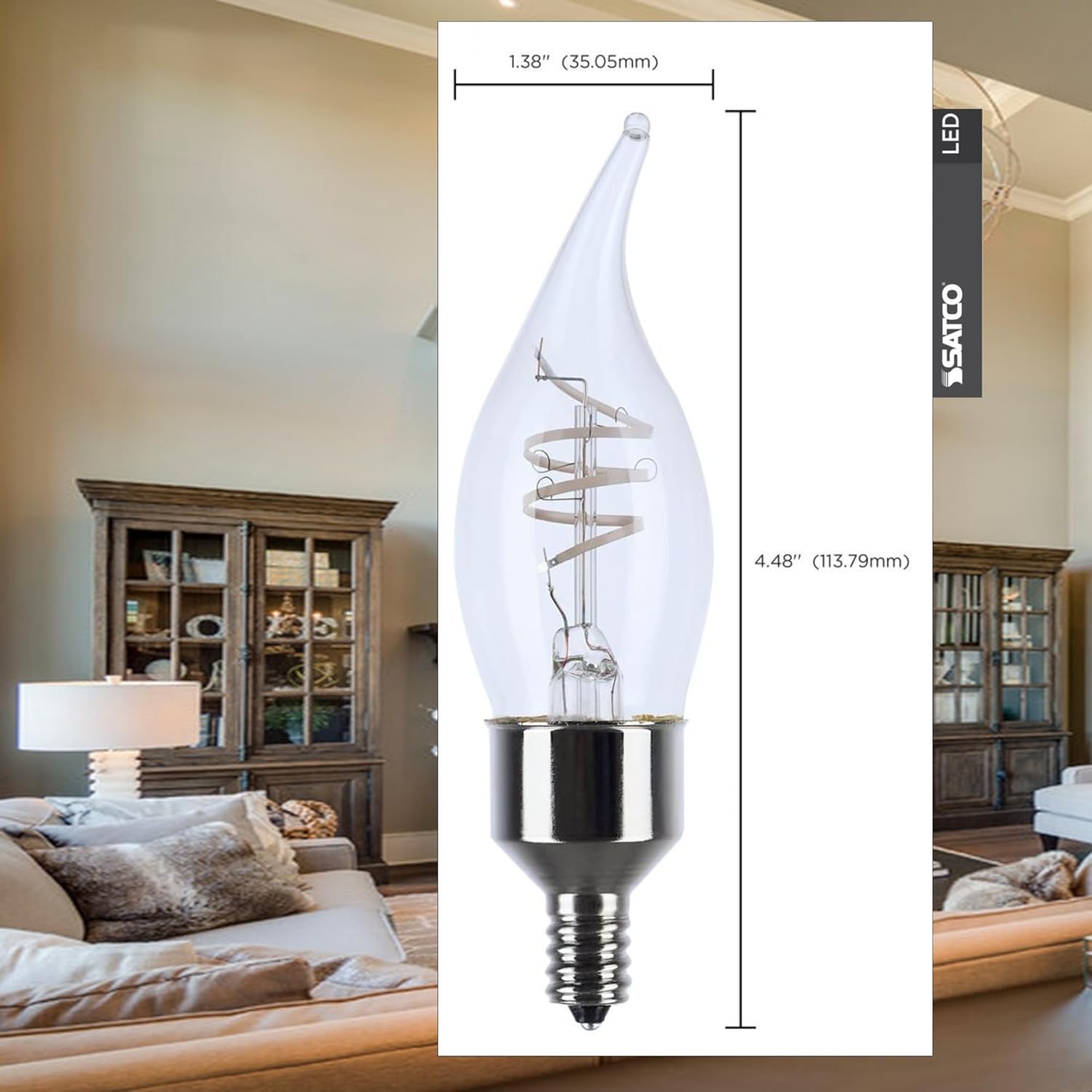 Satco 4W LED CA11 Light Bulb 2700K Warm White 350 Lumens Clear Glass E12 Candelabra Base Dimmable 360 Degree Beam Enclosed Fixture Rated 120V S10524 (6 Pack of 2 Bulbs)