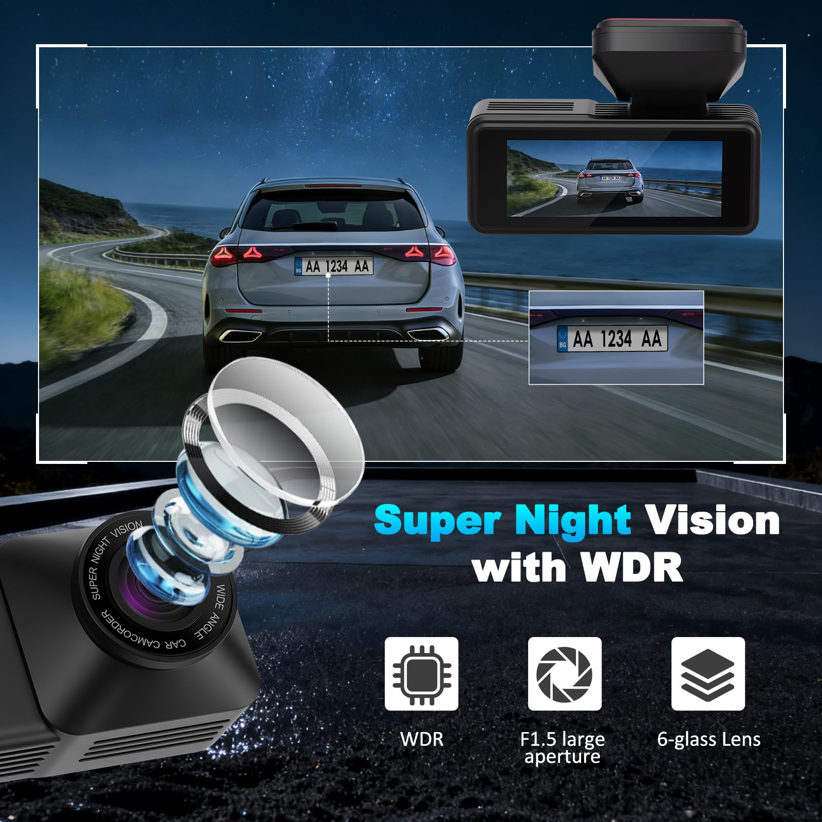 Dashcam Voiture 4K Avant Arrière 1080P, Caméra Embarquée Double Objectif | 170° Grand Angle, Vision Nocturne, Mode Parking G-Sensor, Carte SD 64Go, Installation Facile
