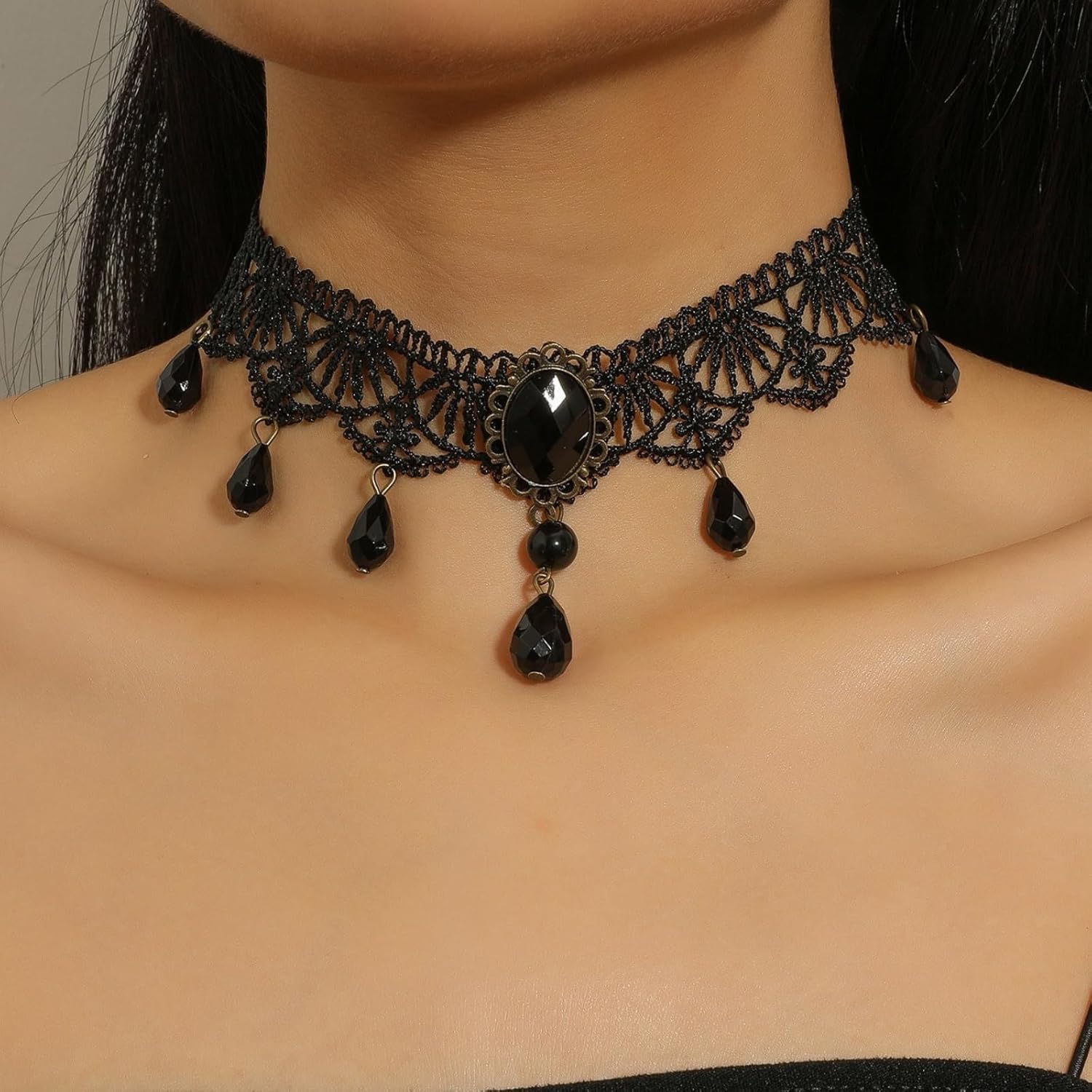 Gothic Lace Choker Necklace for Women Vintage Black Droplet Gemstone Pendant Necklace Adjustable Layered Tassel Teardrop Necklace Victoria Halloween Witch Jewelry - Image 2