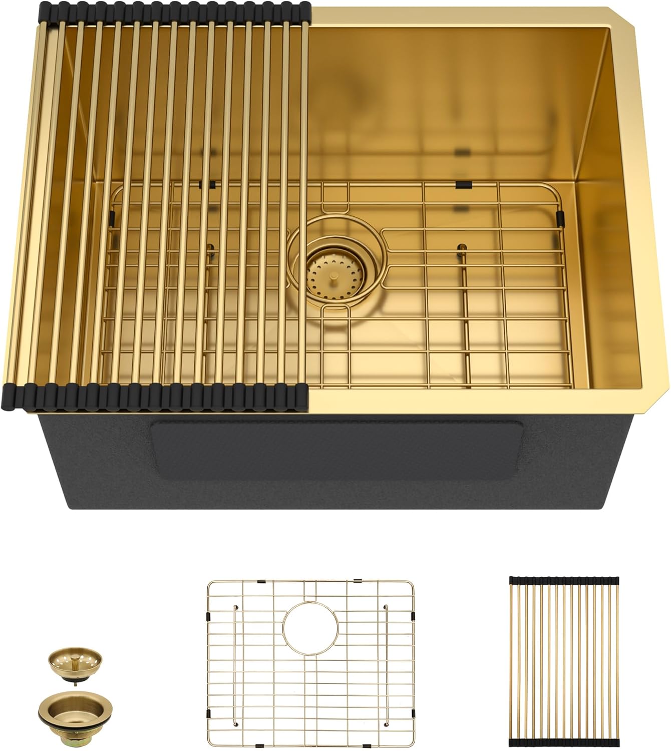 24"x18" Undermount Laundry Utility Sink – 16 Gauge 304 Stainless Steel Brushed Gold NANO-PVD 12 Inch Deep Single Bowl Under Counter Laundry Room Sink