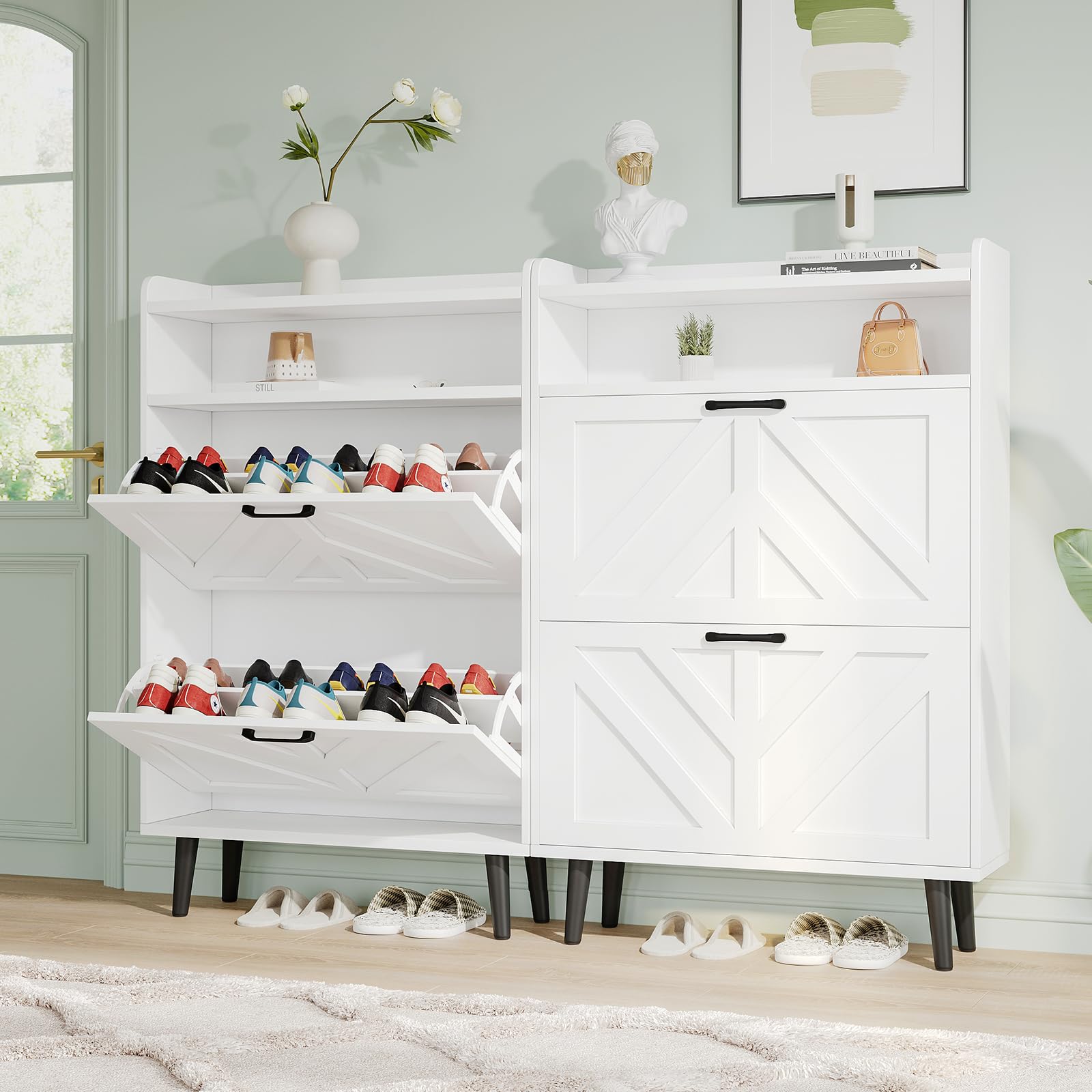 VOWNER Zapatero Entrada Recibidor Estrecho, Mueble Zapatero Blanco con 2 Puertas Abatibles y Estantes Ajustables, Organizador de Zapatos de Madera con Patas Elevadas para Pasillo, 75 x 24 x 113 cm