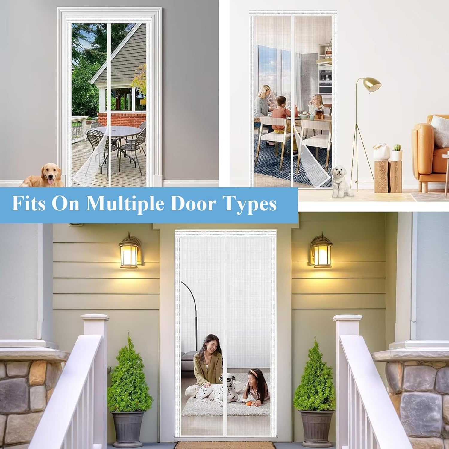 Magnetic Screen Door Upgraded Full Strip Magnets,Fiberglass Heavy Duty Mesh Screen Doors Magnets, Door Screen Magnetic Closure for Single Front Patio White 170×205cm