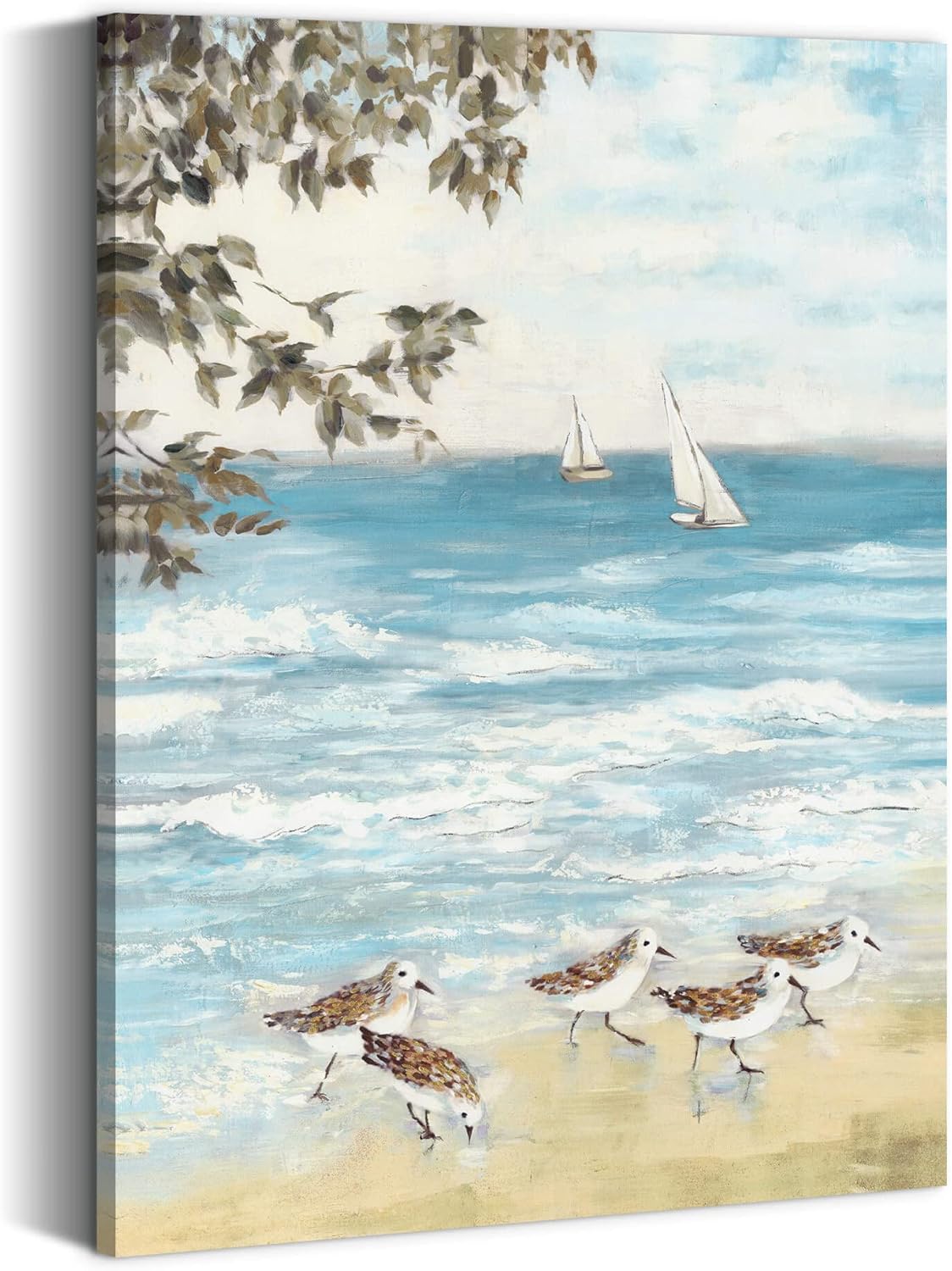 summer melody Beach Sandpiper Painting Wall Art: Coastal Sea Bird Canvas Abstract Ocean Artwork for Bedroom Seashore Seagull Picture Seaside Nature Prints Blue Seascape Art