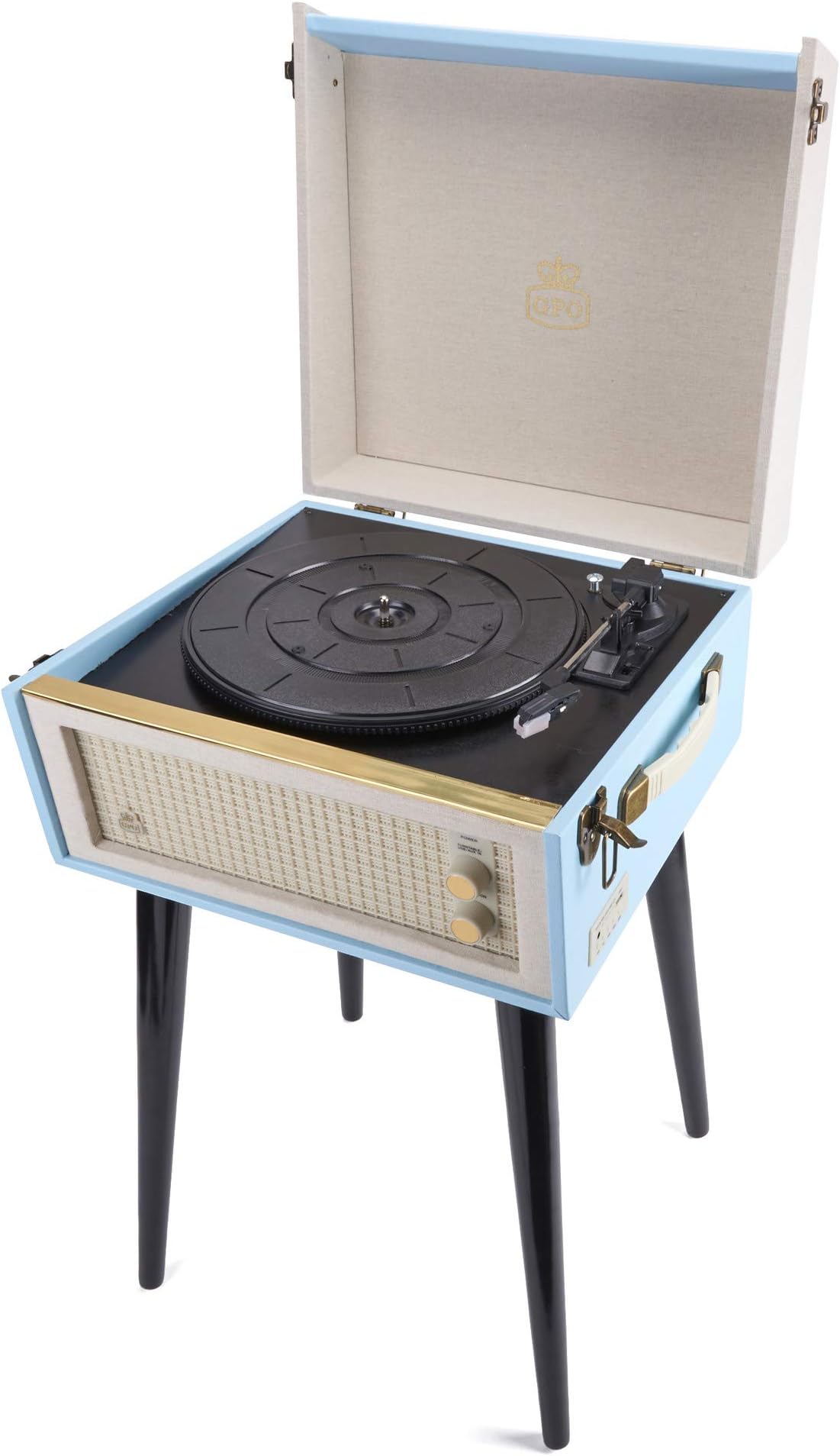 GPO Bermuda Retro Record Player with Removable Legs, Bluetooth Turntable with Built-in Speaker, MP3, USB, Vinyl Player Compatible with External Speakers, Blue
