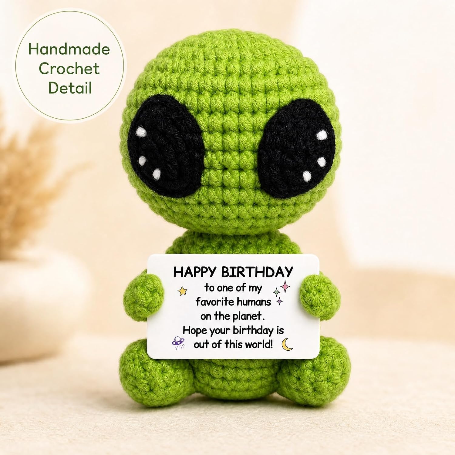 BOBPPOP Crochet Alien with Happy Birthday Card, Handmade Amigurumi Gift Set, Funny & Cute Desk Decor for Women Men, Nice Birthday Present