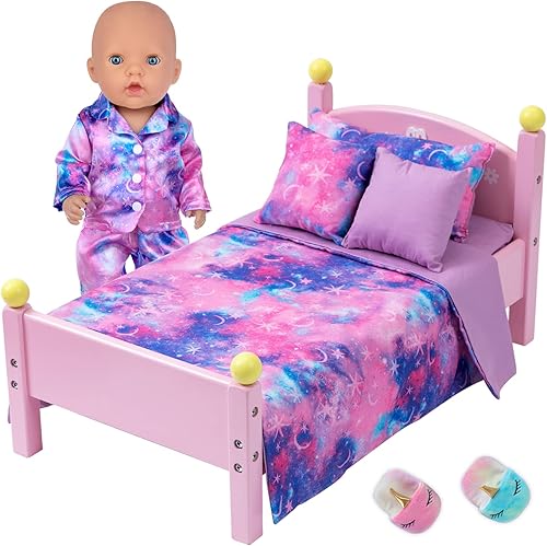 Miniatura 3 de K.T. Fancy 8 piezas de ropa y accesorios de muñeca de 18 pulgadas para niña, sábana, pijama, máscara de ojos, pantuflas de unicornio, almohada