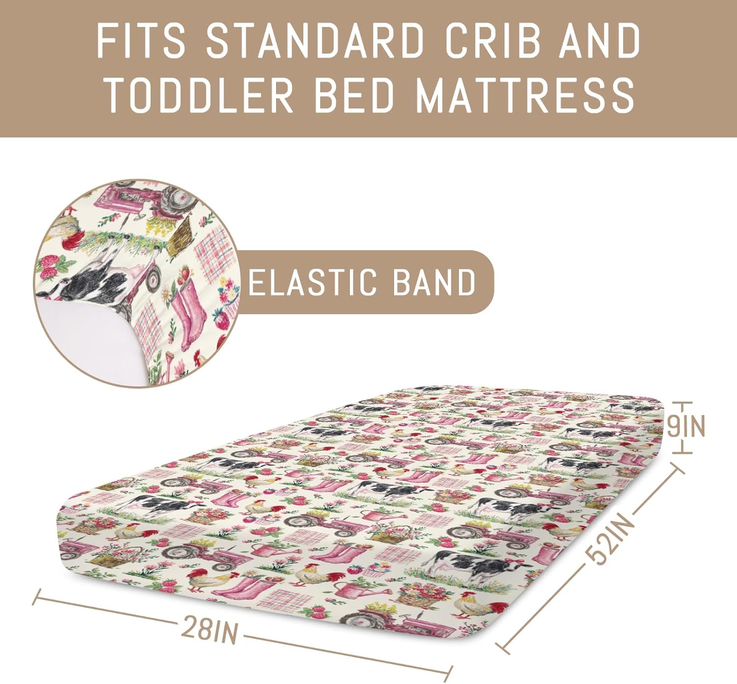 Watercolor Pink Farm Animal Life Baby Crib Sheets for Girls Cow Chicken Tractor Flowers Soft Snug Fitted Crib Mattress Covers for 52''x28'' Standard Crib & Toddler Mattress Pastel Farmland Bed Sheets