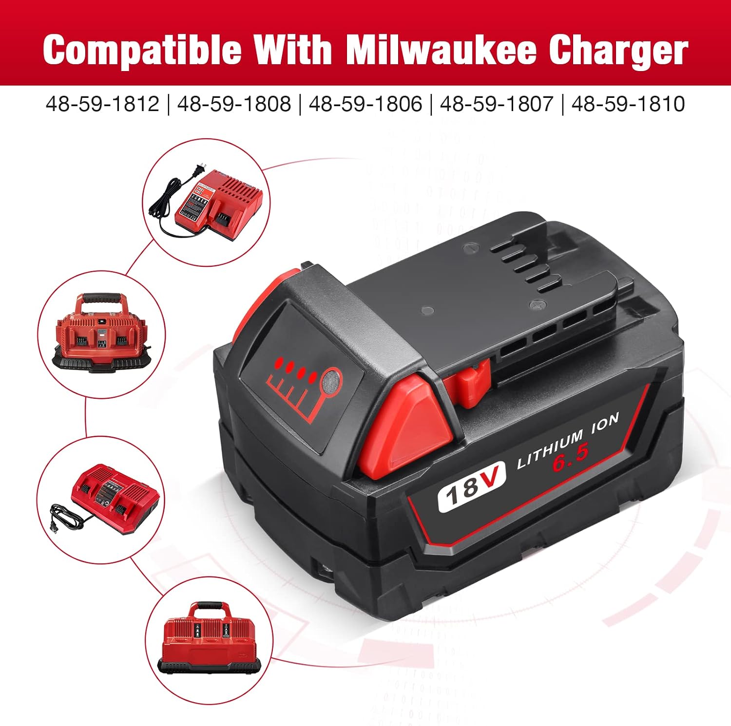 FirstPower 6.5Ah 18V M-18 Battery 2Packs - Compatible with Milwaukee M-18 48-11-1852 18V Lithium Cordless Power Tools - M18B 48-11-1850 48-11-1820 48-11-1828 48-11-10