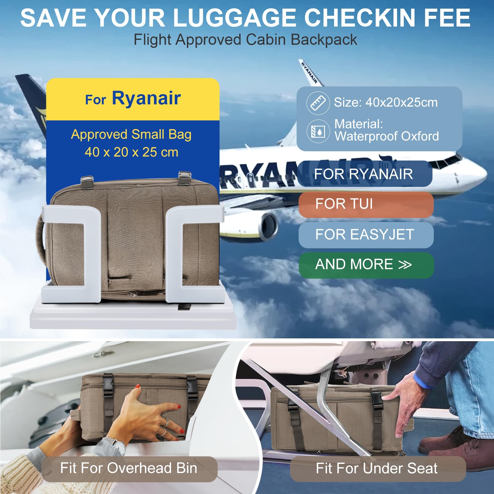 SZLX Zaino Ryanair 40x20x25 Donna Zaino da Viaggio Aereo Bagaglio a Mano Uomo Borse da Cabina per Ryanair 40x20x25 Zaino Impermeabile Porta Laptop 14 Pollici Zaino da Lavoro Travel Backpack