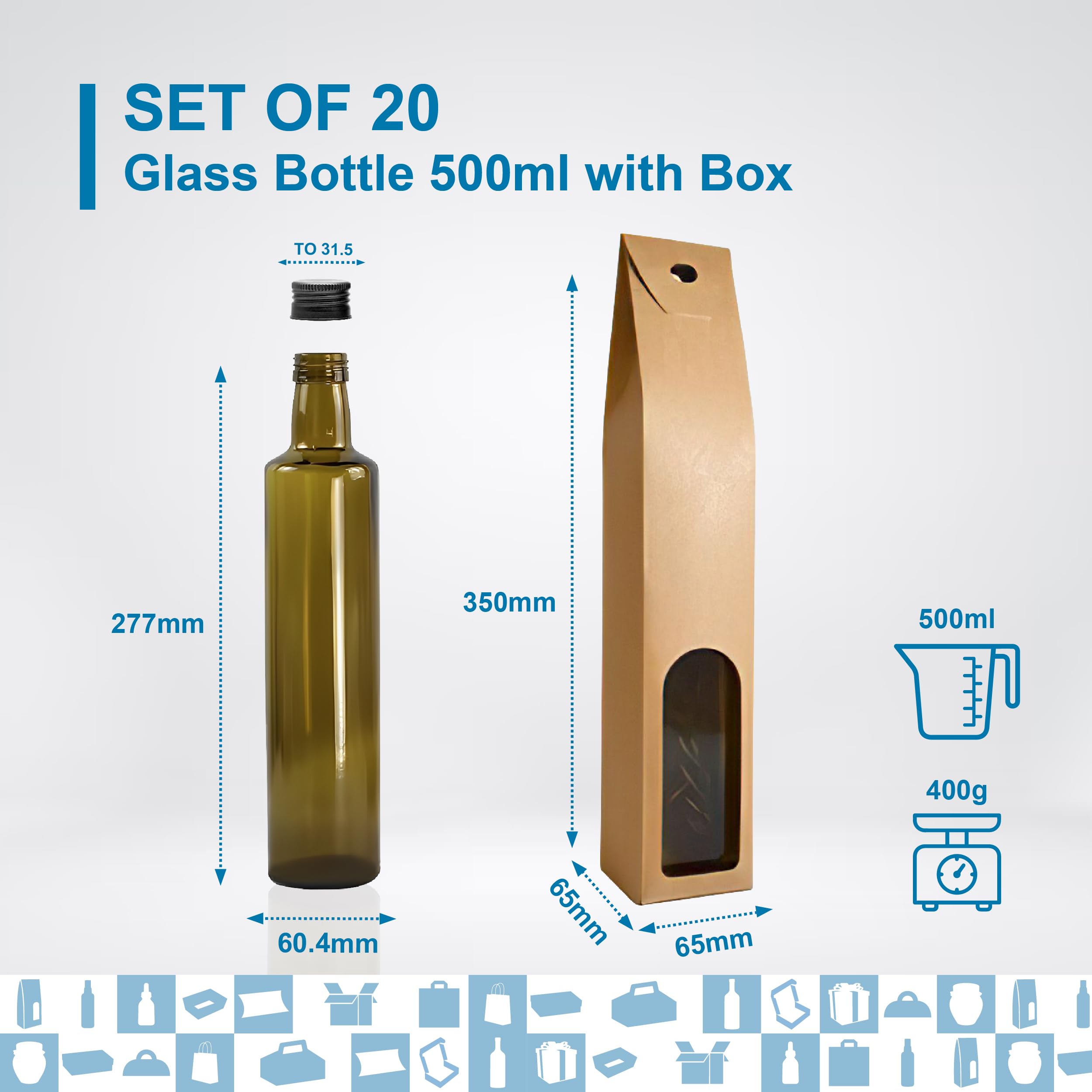 Espirito Rebelde 20 bottiglie in vetro scuro da 500 ml con tappo a vite nero + 20 scatole, olio di oliva, aceto, alcool, salse, oliera