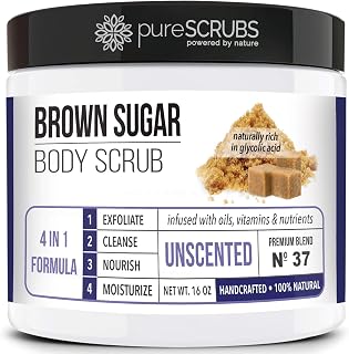 pureSCRUBS Unscented Brown Sugar Body Scrub 16oz Jar - Face Feet Full Body Exfoliator with Spoon Loofah Oatmeal Soap Sensitive Skin