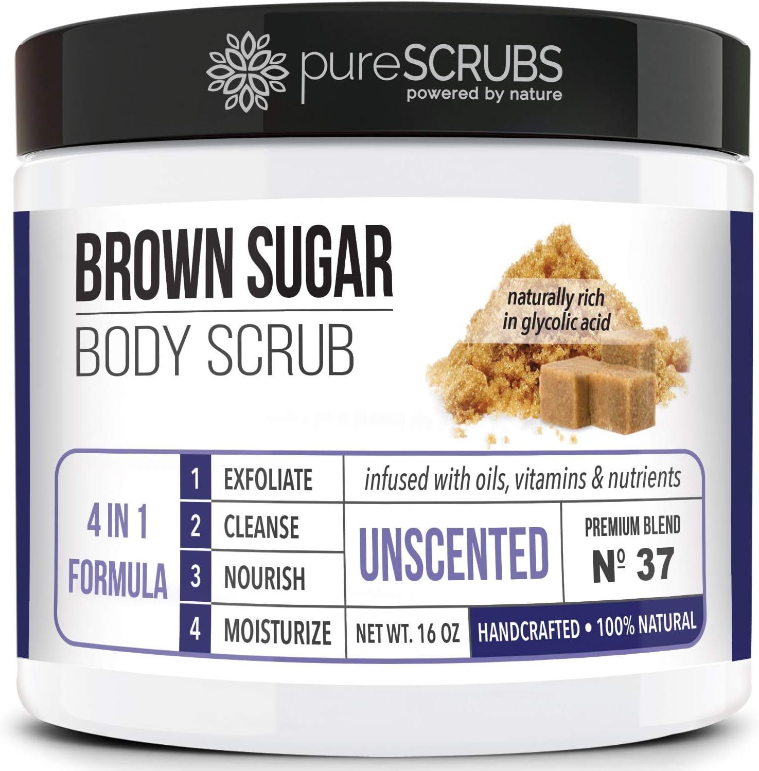 pureSCRUBS Premium Unscented Brown Sugar Body Scrub | Large 16oz Jar | Face, Feet & Full Body Scrub | Includes Wooden Spoon, Loofah & Mini Exfoliating Bar Soap