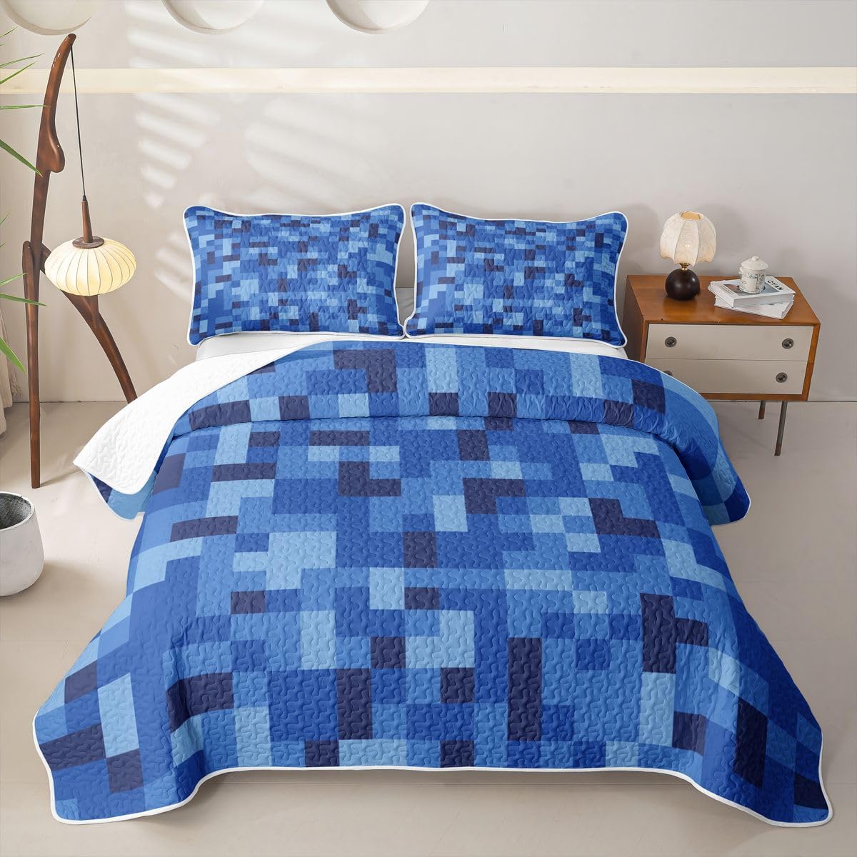 Manfei Green Pixelated Grid Quilt Set Twin Size, Miners Video Games Bedding Set 2pcs, Modern Geometric Plaid Bedspread Coverlet with 1 Pillow Sham, Kids Boys Girls Room Decor