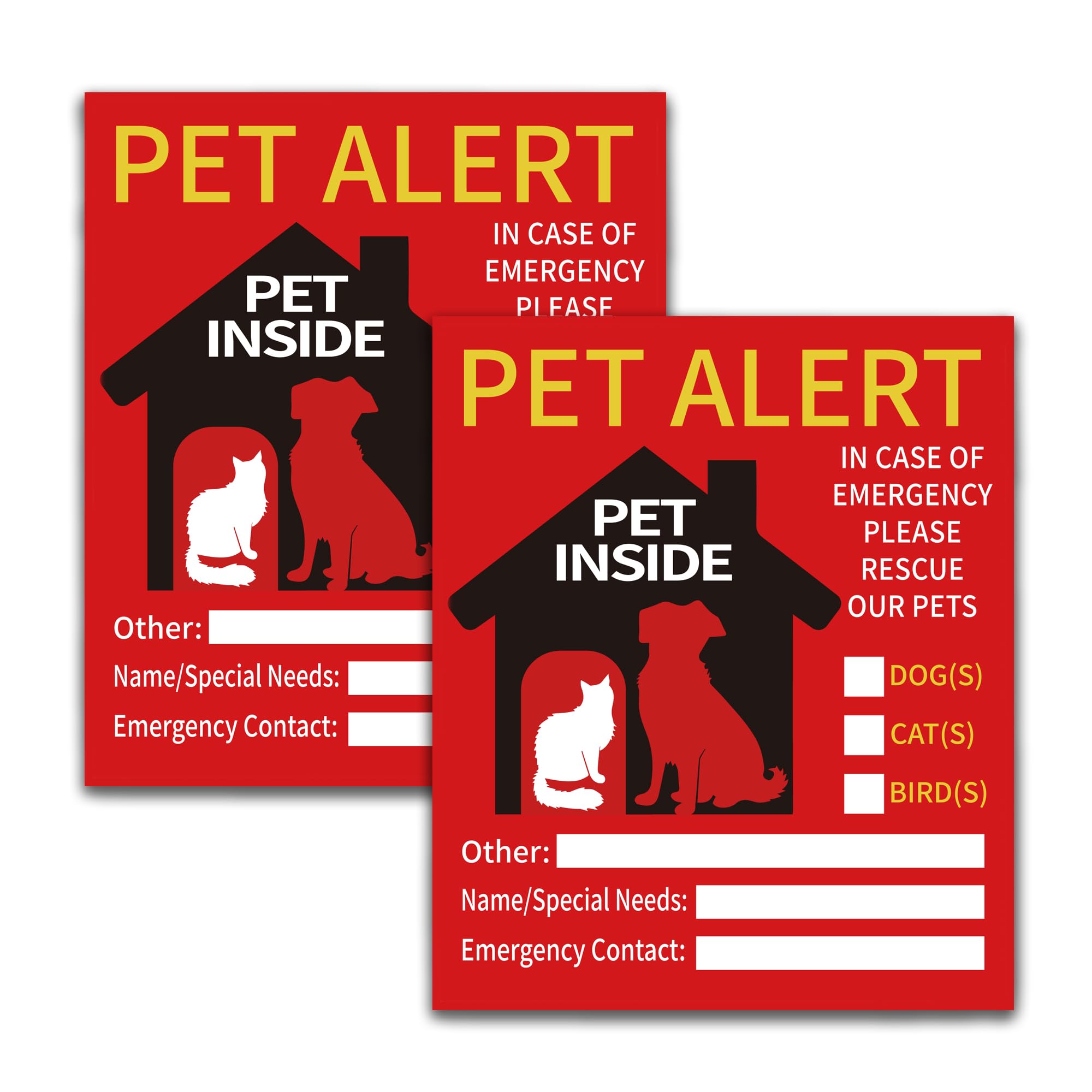 2 PCS Pet Alert Sticker for House，UV Resistant Self Adhesive Vinyl in Case of Fire Pet Stickers Waterproof Fade-Resistant Pets Inside Window Emergency