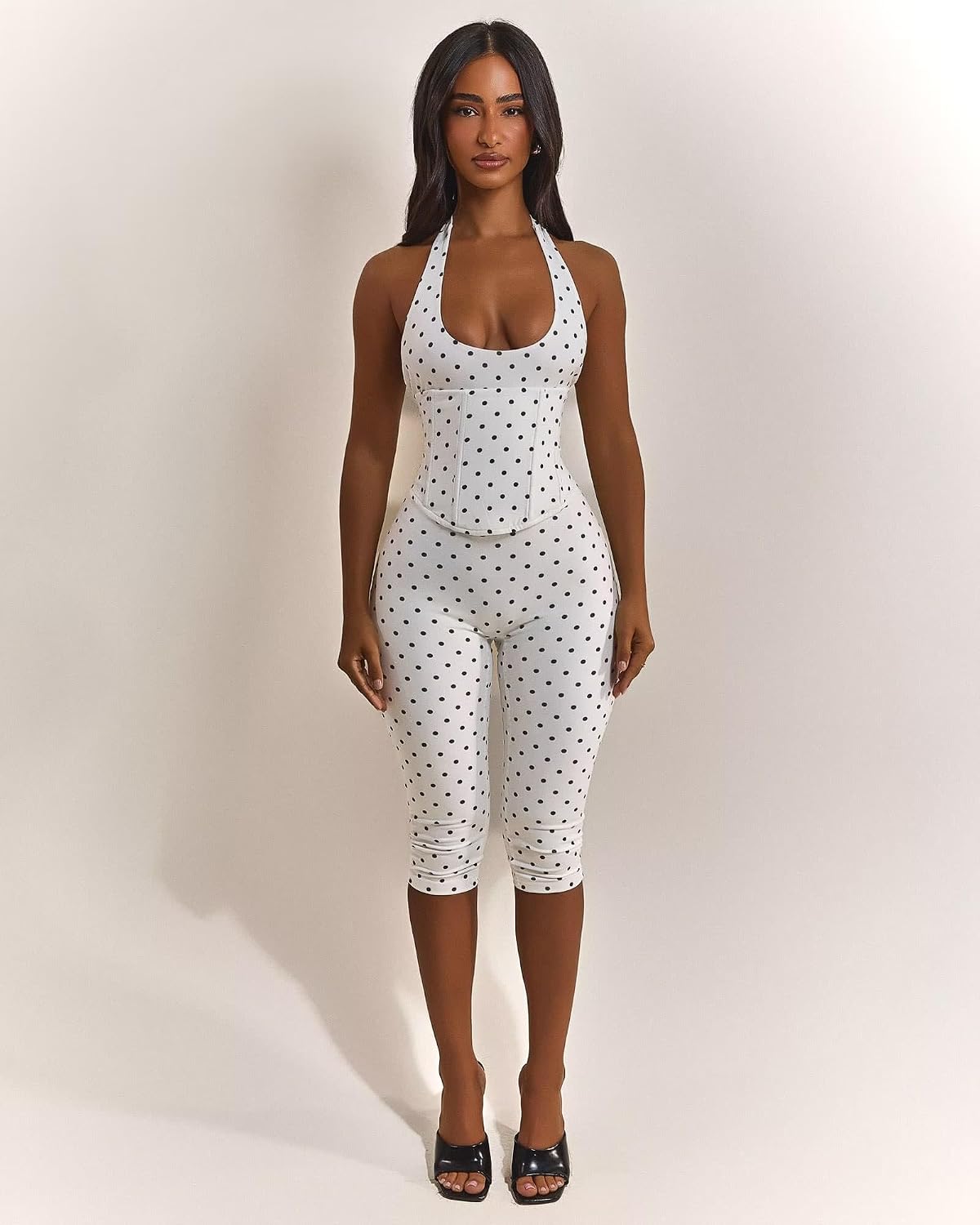 Sexy Jumpsuit for Women Polka Dot Print Halter Neck Backless Back Cross Tie Up Bodycon Rompers Date Night Club Outfits