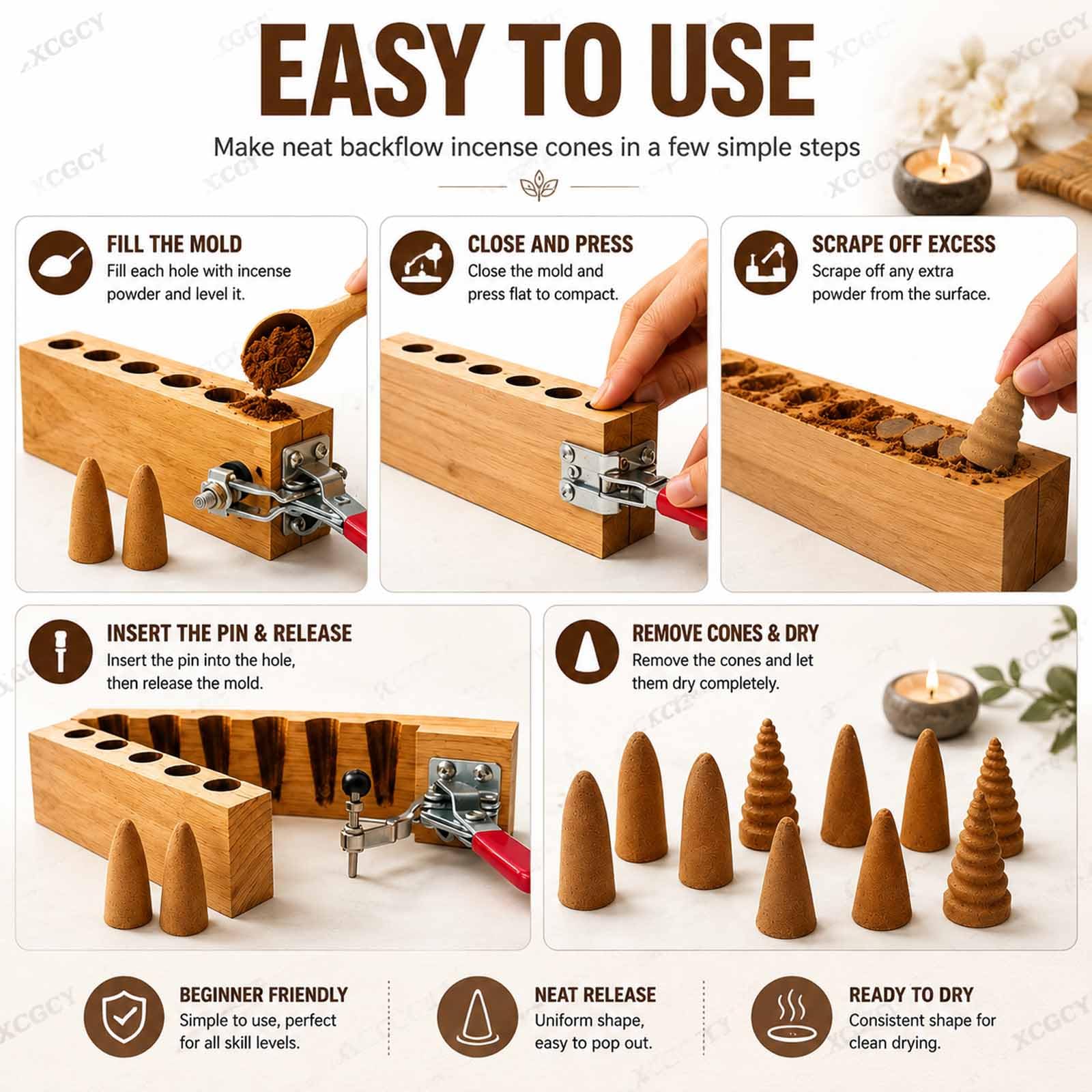 Stampo Per Coni Di Incenso A 6 Fori, Strumento Fai-da-te Per La Creazione Di Coni Di Incenso A Riflusso, Stampo In Legno Con Morsetto Metallo, Pressa Legno, Per Bruciatori A Riflusso,