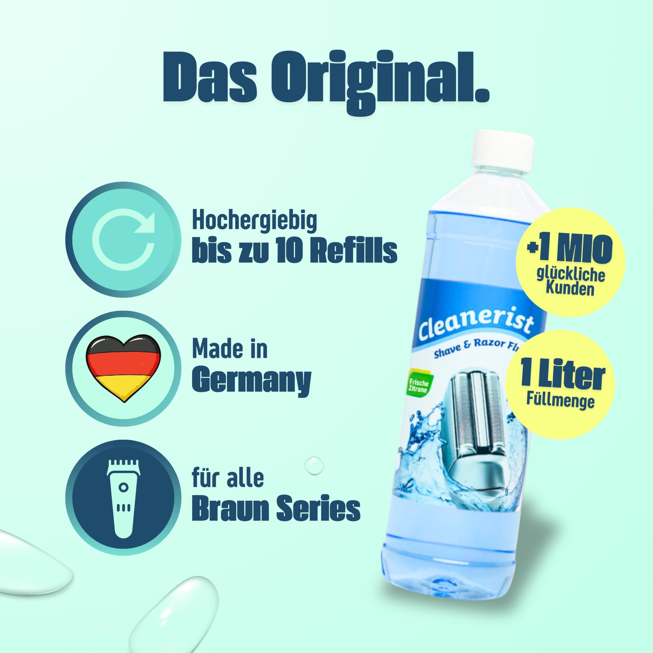 Cleanerist | 1L Scherkopfreiniger Nachfüllflüssigkeit für Braun Clean & Renew (Series 3/5/7/8/9) – Ersatz zum Nachfüllen von 10 CCR Reinigungskartuschen – Rasierer Reinigungsflüssigkeit Zitrone