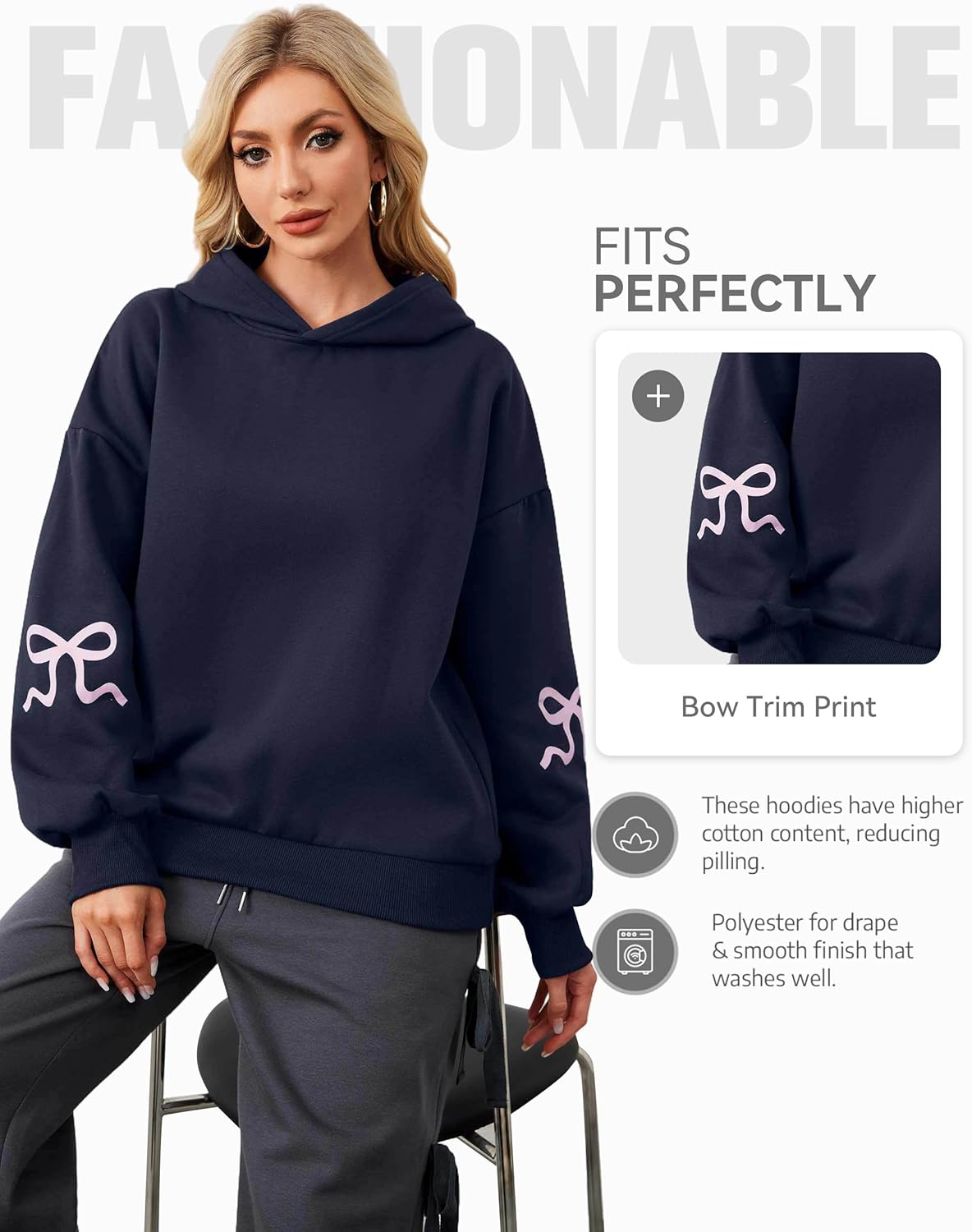 Livtany Women's Bow Trim Print Fleeced Hoodies Oversized Long Sleeve Hooded Sweatshirts Graphic Drop Shoulder Pullover Top - Image 3
