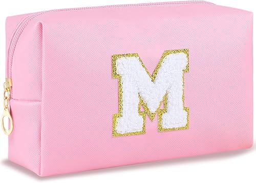 Bolsa de maquillaje preppy con iniciales para mujer, bolsa de cosméticos grande de viaje, bonita bolsa de maquillaje rosa para bolso, bolsa de aseo