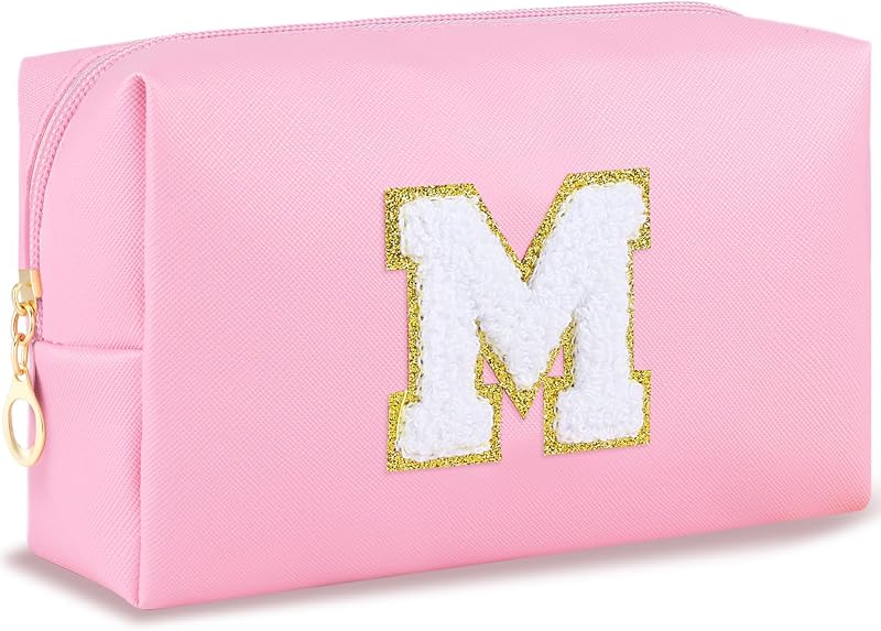 Necessaire de maquiagem URSKYTOUS com letra inicial, zíper e material sintético, rosa, tamanho M