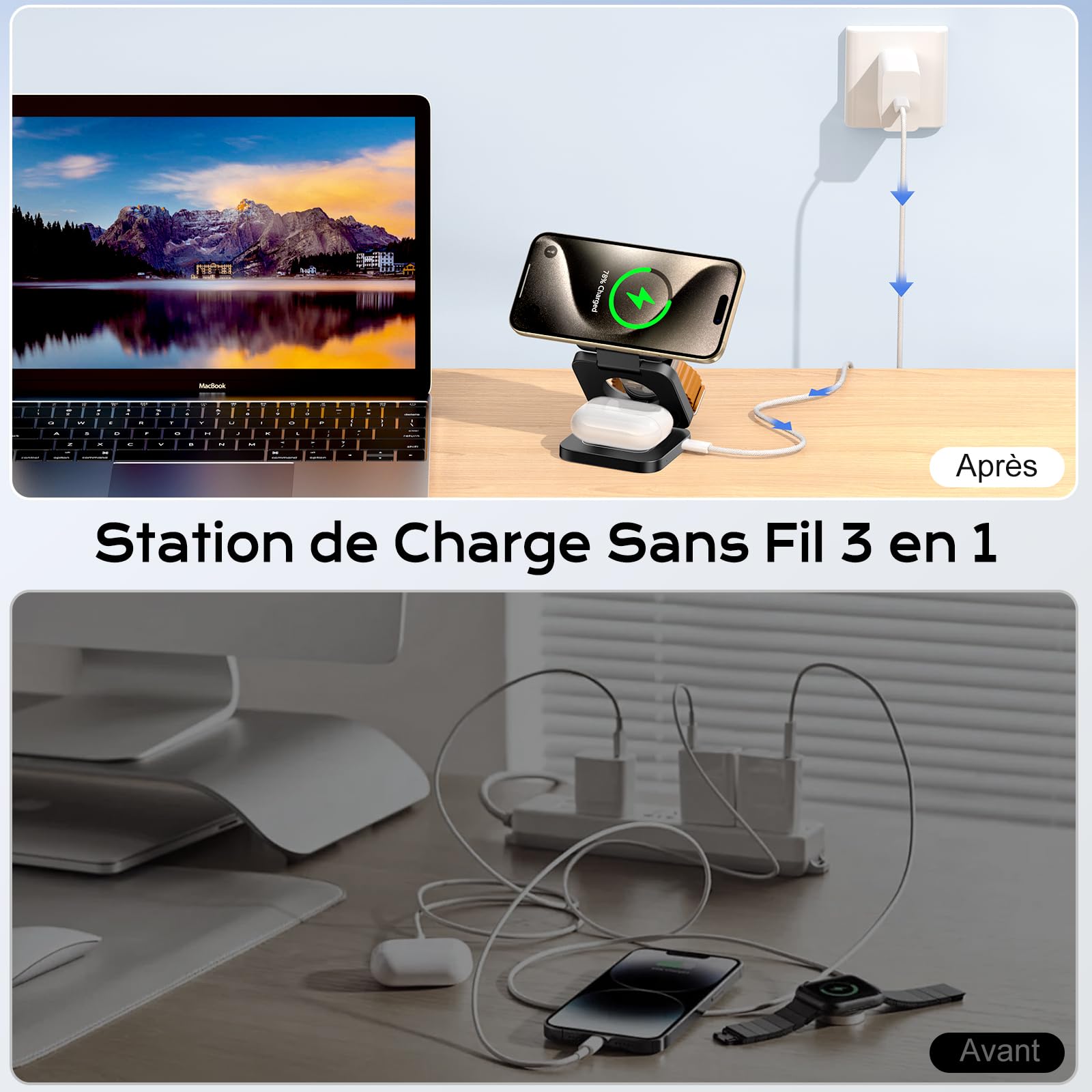 KU XIU 3-en-1 Chargeur sans Fil pour iPhone, Rapide Chargeur avec Mag-Safe | Pliable Voyage Station de Charge pour iPhone 17/16/15/14/13/12, AirPods et Apple Watch (Adaptateur Inclus)