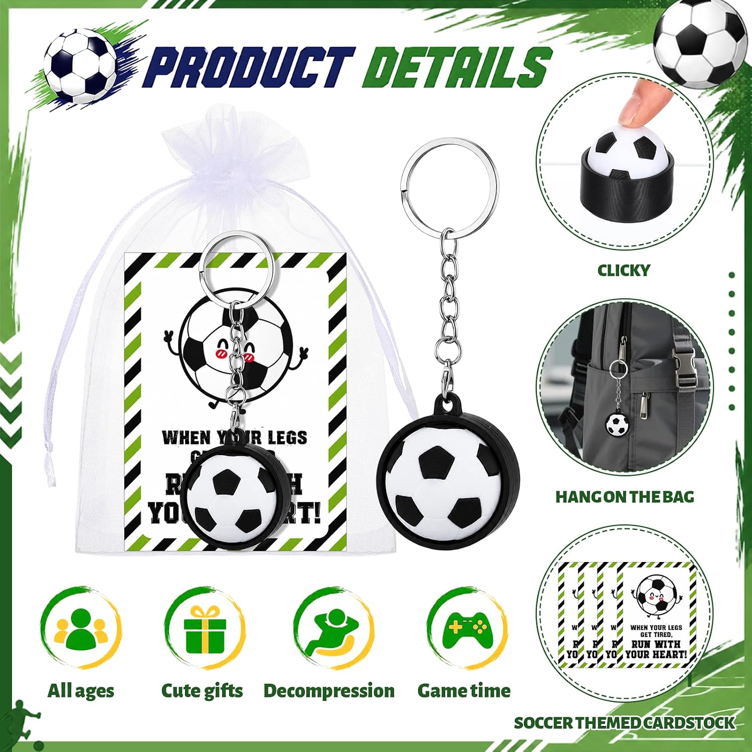 Junkin 12 Sets Soccer Ball 3D Printed Clicker Fidget Keychains with Cards