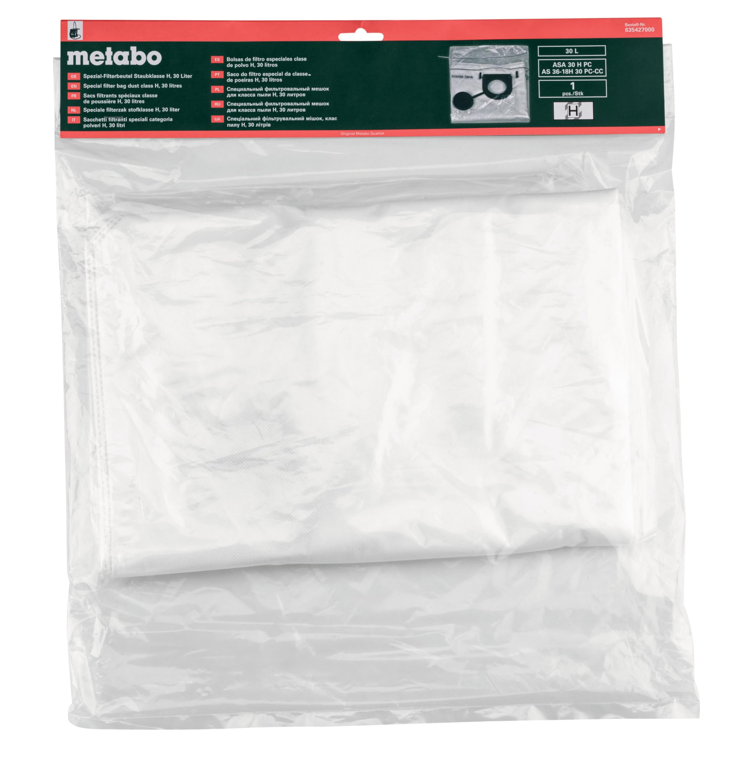 metabo Sacs filtrants spéciaux de classe H - 30 l - Sacs d'aspirateur de qualité supérieure pour aspirateur sec et humide ASA 30 H PC - Élimination sans poussière, durable et fiable
