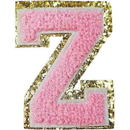 Iron on Letter Patches Gold Glitters & Pink Chenill,3 PCS Varsity Initial Patches,Adhesive Sticker Letter Patch for Team Costume Decoration 3.1in Height Z