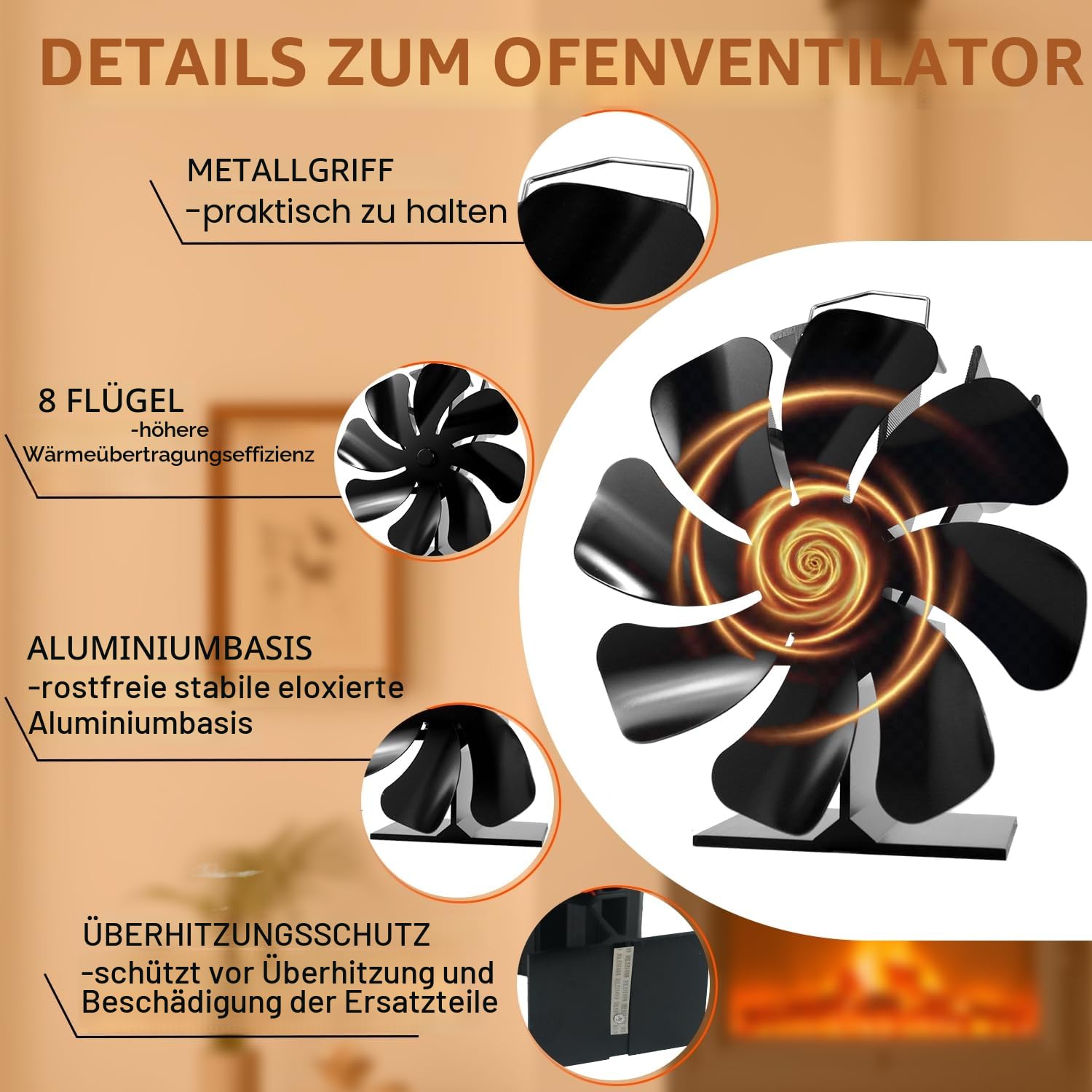 Kaminventilator ohne Strom, 8 Flügel Ofenventilator – Leiser Betrieb, mit Thermometer, Wärmebetriebene Feuerventilatoren für Holzofen/Kamin/Holzbrenner