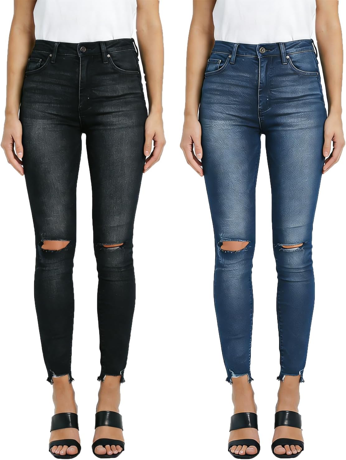 PerZeal Women’s Skinny Ripped Trendy Jeans Mid Waisted Destroyed Denim Pants with Frayed Hem (Pack of 2)