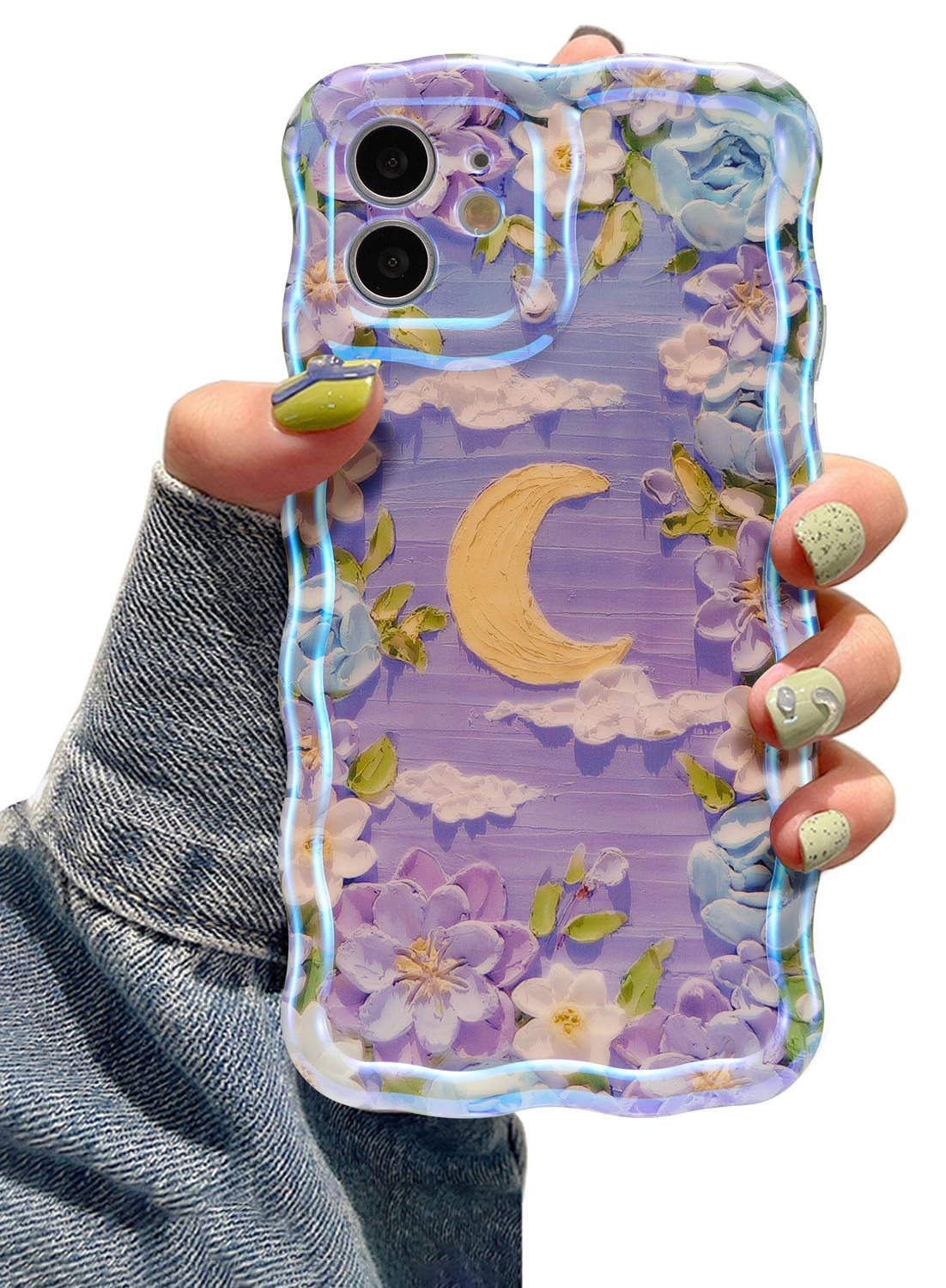 EYZUTAK Case for iPhone 12, Colorful Retro Oil Painting Flower Moon Pattern Laser Cute Curly Wave Edge Exquisite Phone Cover Stylish Durable TPU