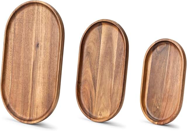 Set of 3 Wooden Tray Serving Platters Acacia Wood Serving Trays Home Dec...