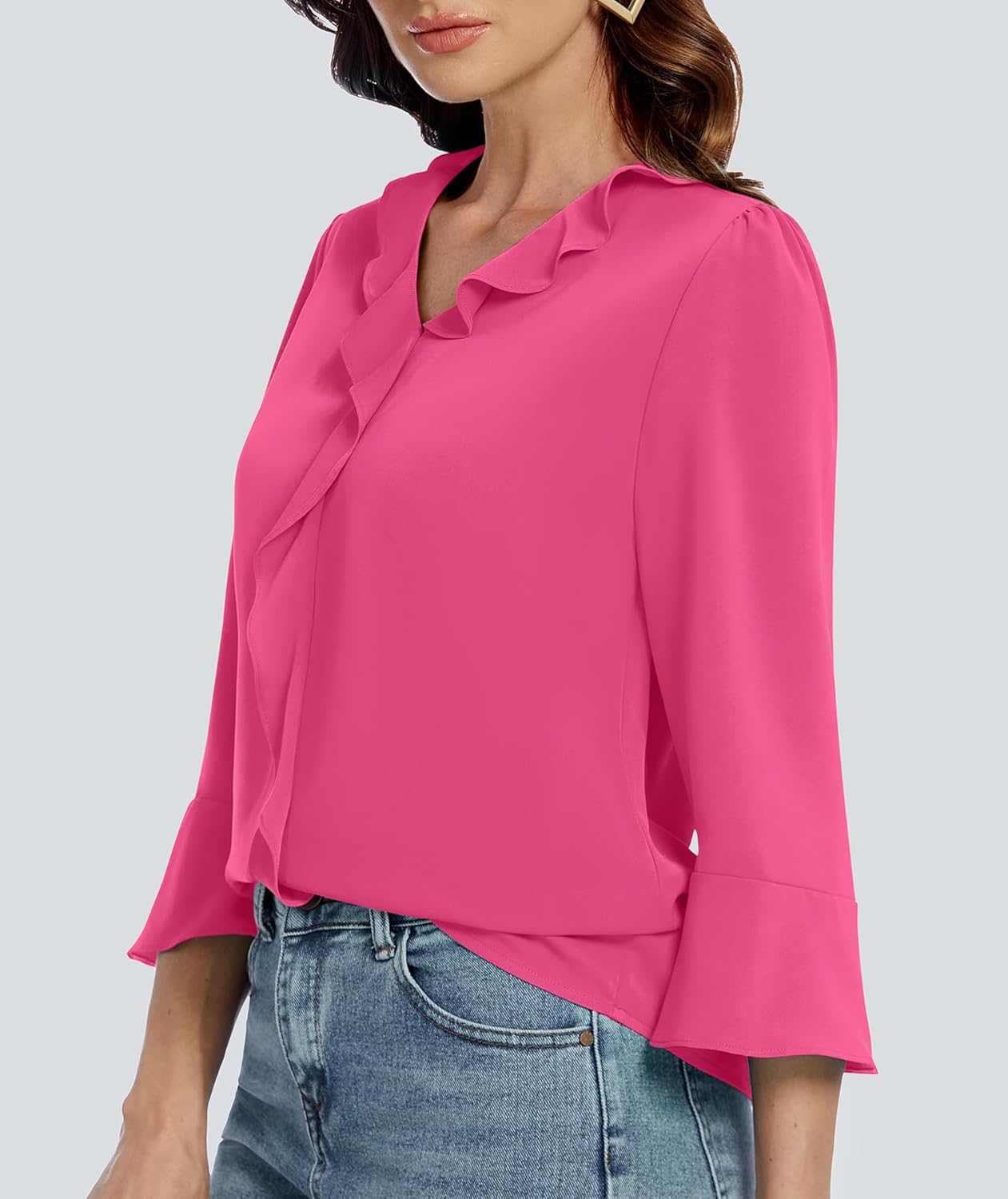 Funlingo Womens 3/4 Length Sleeve Tops V Neck Dressy Casual Blouses Tunic Trendy Business Office Ruffle Work Shirts - Image 2