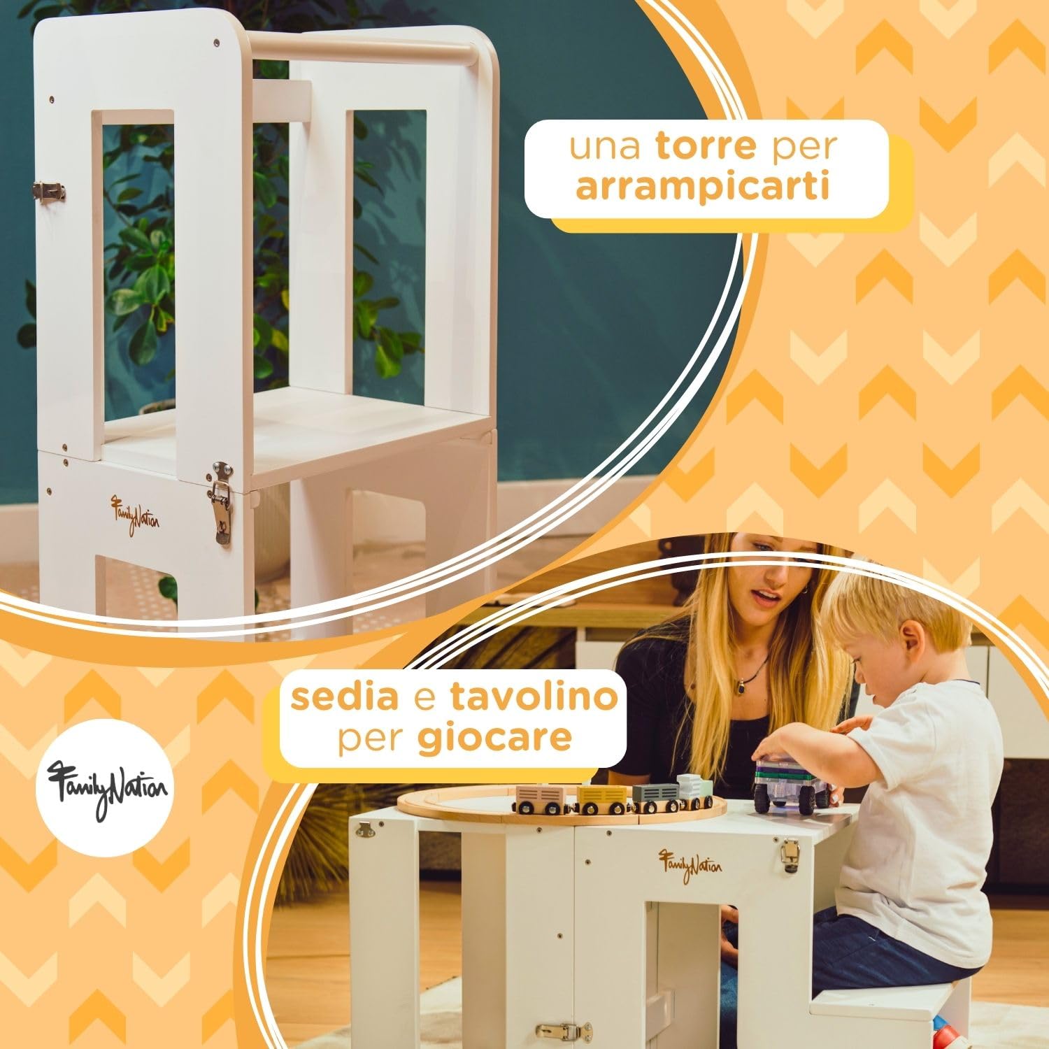 Family Nation, Torre Montessoriana 2 in 1, Convertibile in Tavolo e Sedia, per Bambini da 1 Anno di Età, Struttura in Legno con Supporto Extra, Bianca, 42x45x86 cm