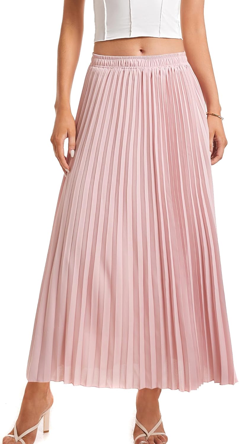 Womens Elastic High Waist Long Pleated Skirt Tiered Boho Swing A line Beach Maxi Skirt - Image 2