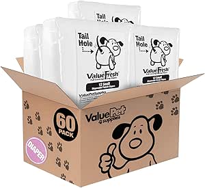 ValueFresh Female Dog Disposable Diapers, Small, 60 Count - Full Coverage w/Tail Hole, Snag-Free Fasteners, Leak Protection, Wetness Indicator