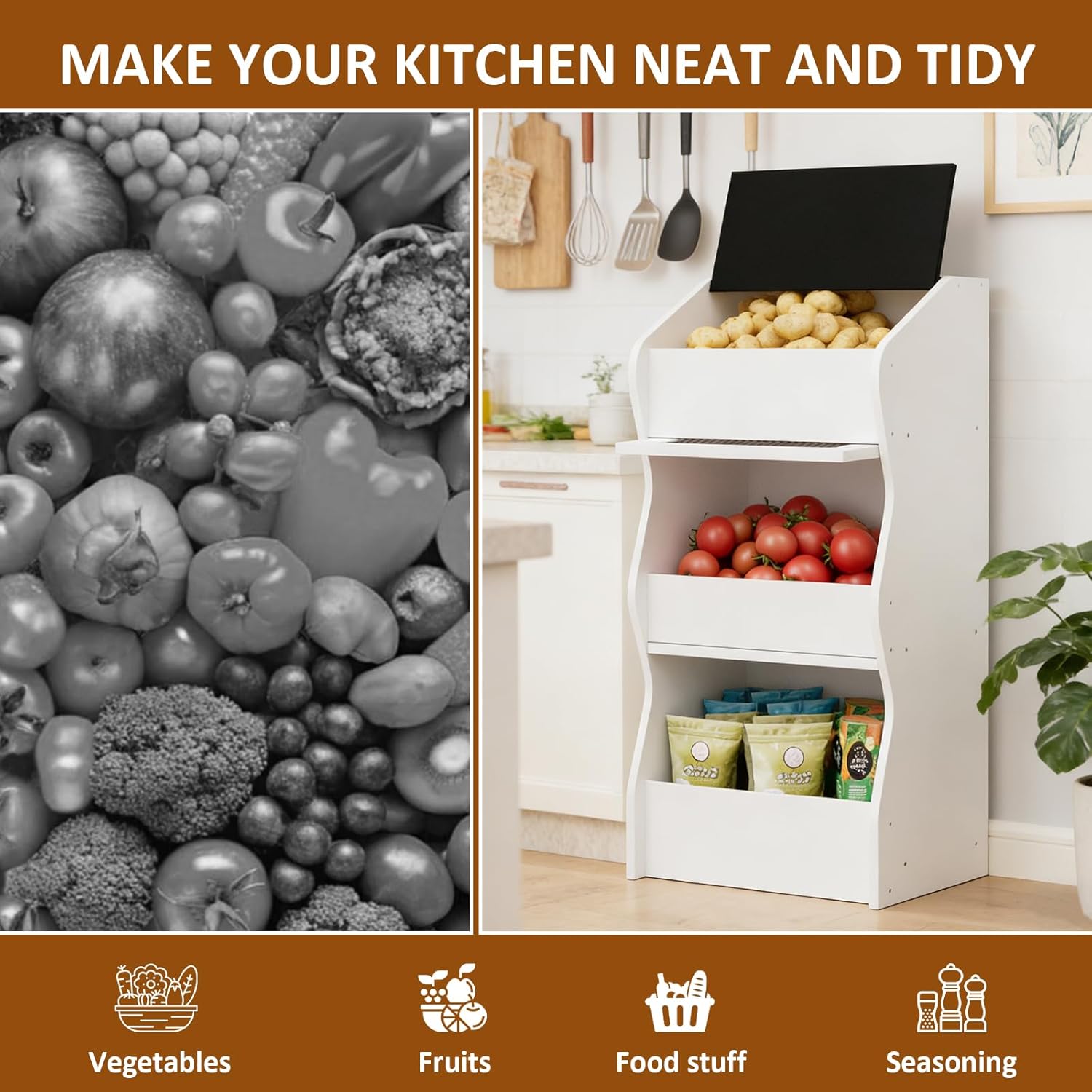 Potato and Onion Storage Bin with Lid, Root Vegetable Storage Rustic Bread Box for Kitchen Pantry, Wooden Bread Cabinet Fruit Storage Rack,White