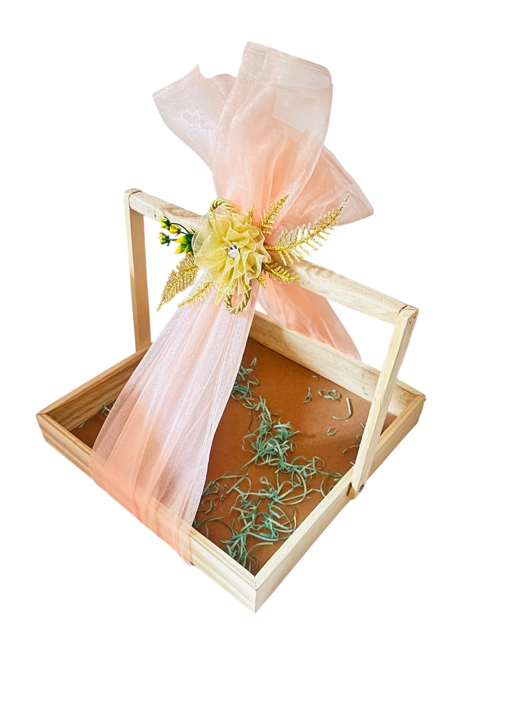 Vayu Art & Crafts Pine Wood Gift Hamper Basket with Handle Holiday Christmas Gifting Tray Pinewood Basket with MDF Base with Decoration Net & Decoration Flower (12x12x2) 30.5x30.5x4.5 CM