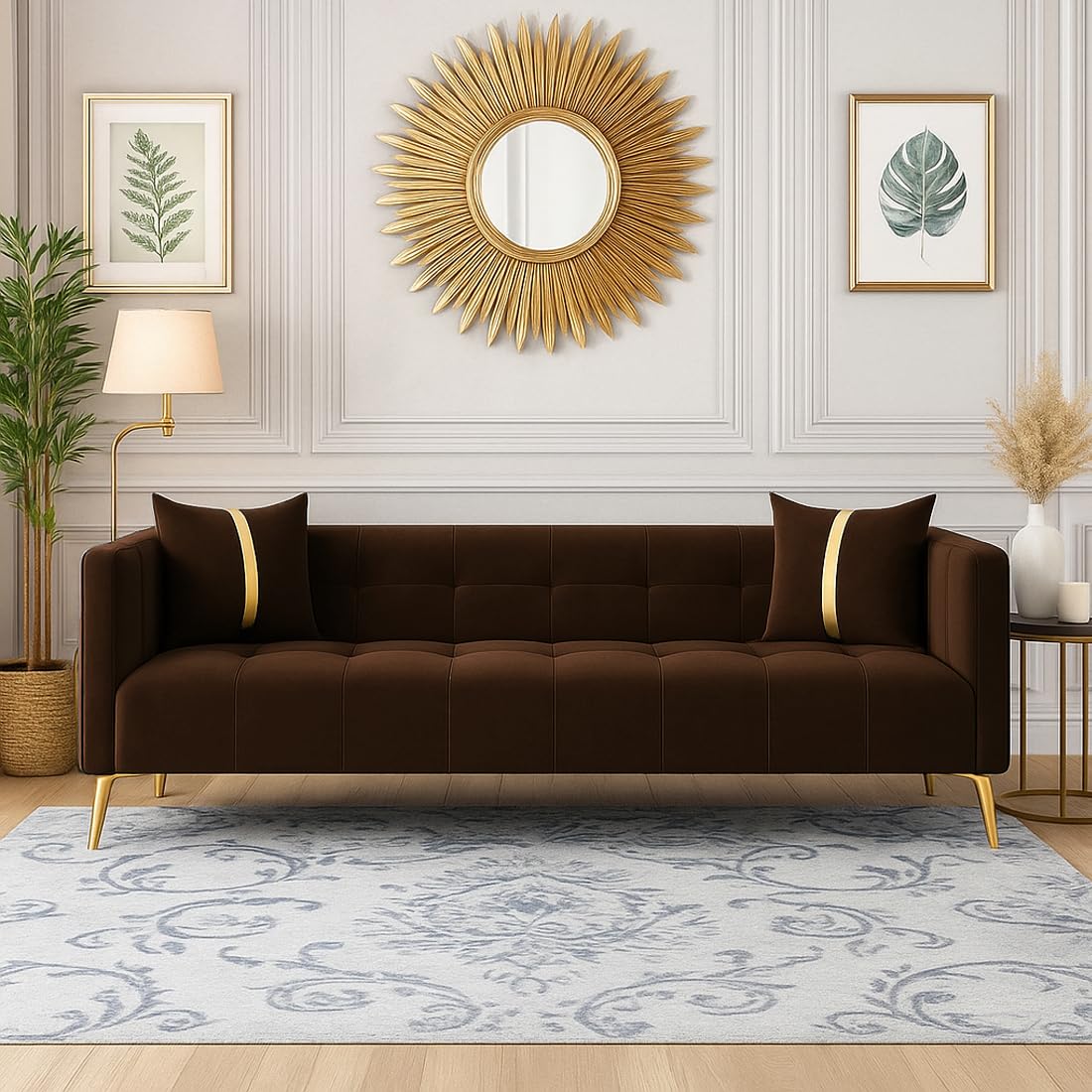 FURNY Styliving 3 Seater Velvet Fabric Sofa Set (Brown) with Golden Finish Legs | Durable & Comfortable | Ideal for Living Room FURNY Styliving 3 Seater Velvet Fabric Sofa Set (Brown) with Golden Finish Legs | Durable & Comfortable | Ideal for Living Room