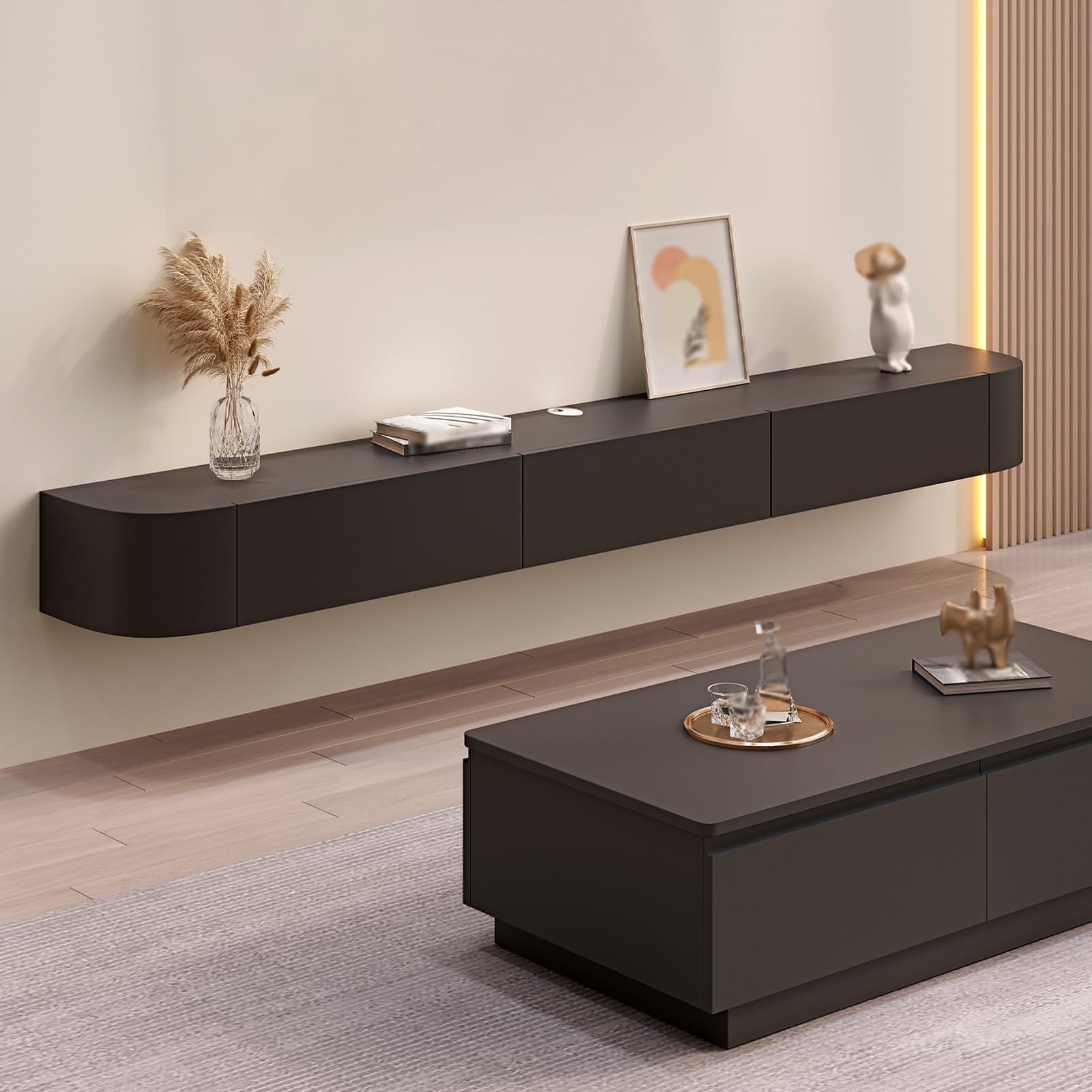 Entertainment-Center Aus Massivholz Mit Großem Stauraum Und Regalen Wandmontierter TV-Aufbewahrungsschrank Mit Tür Modernes Schwebendes TV-Möbel Mit Schublade Schlanker TV-Schrank(Schwarz,140cm)