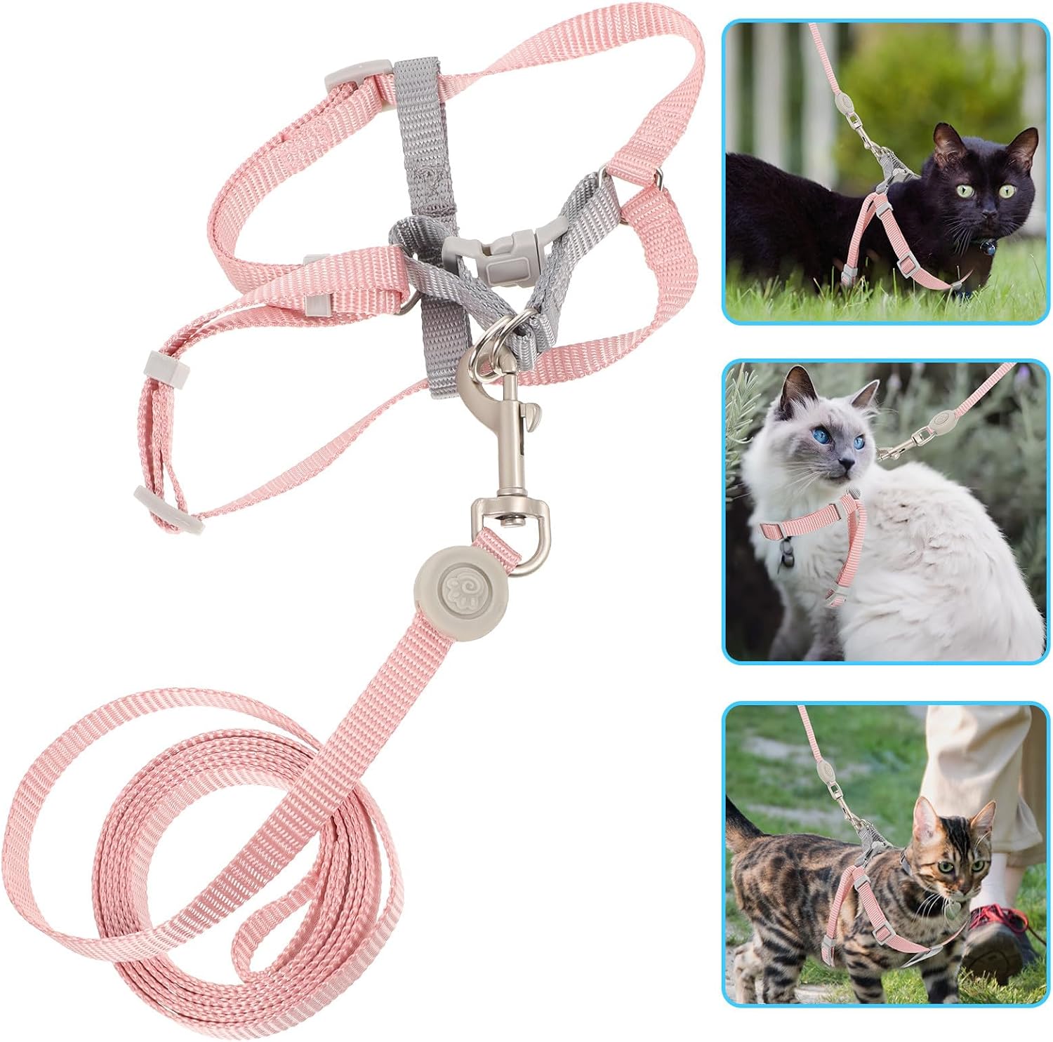 Levemolo Small Adjustable Pink Cat Harness and Leash Set Soft Nylon Kitten Walking Rope for Outdoor Use