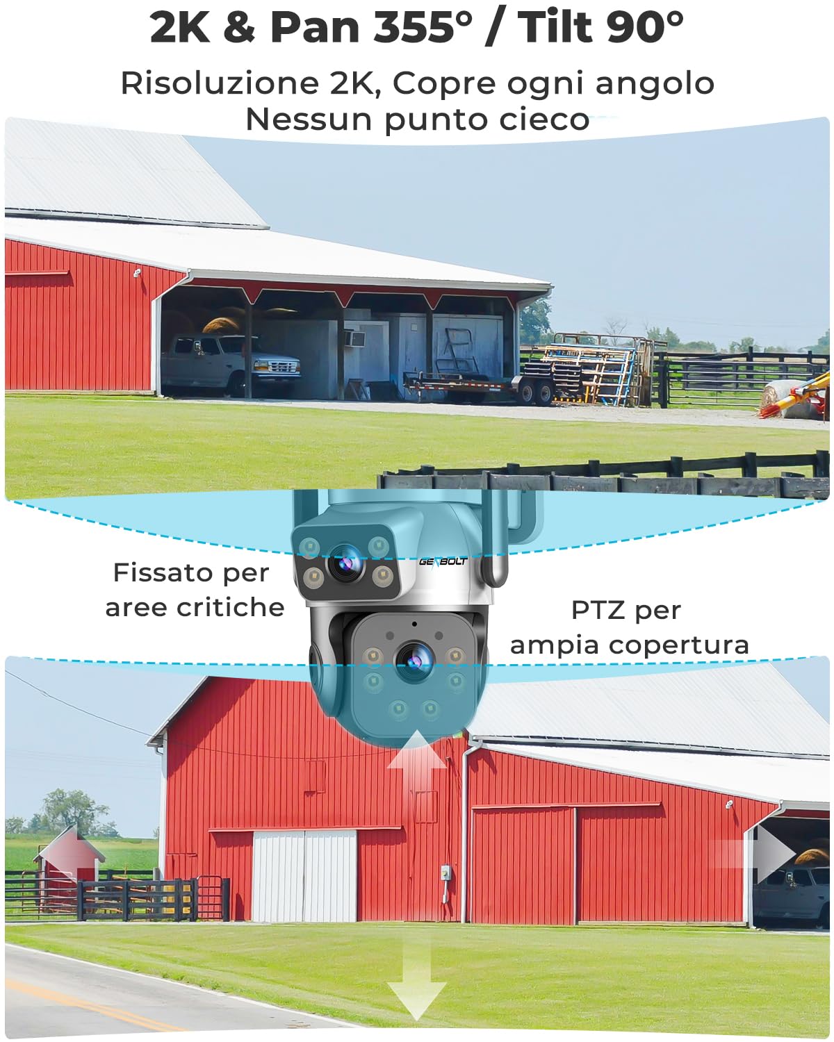 GENBOLT 4G AOV Telecamera Solare Esterno Senza Fili Con SIM Senza WiFi IP66 | Doppio Obiettivo 3MP*2, Registrazione 7/24, CCTV Camera con Pannello Solare 8W 14400mAh, IP Videocamera Sorveglianza
