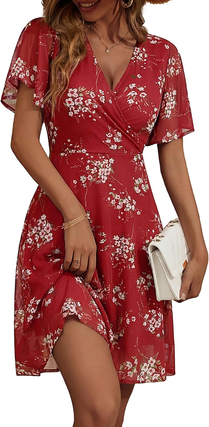 GUBERRY Womens Spring Summer Casual Floral Wrap V Neck Stretchy Mesh Dress Modest Wedding Guest Dress