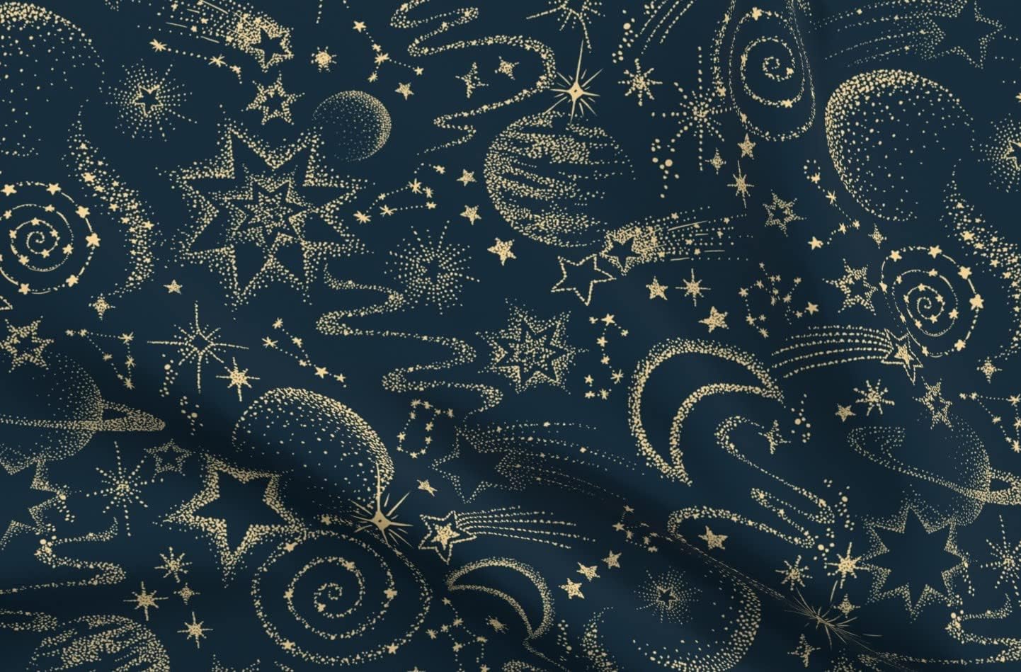 Spoonflower Fabric - Blue Sky Yellow Stars Whimsical Hand Drawn Galaxy Moon Planets Printed on Petal Signature Cotton Fabric Fat Quarter - Sewing Quilting Apparel Crafts Decor