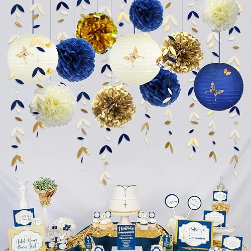 Miniatura 4 de Kit de decoración de fiesta azul marino y dorado, faroles, flores, pompones con calcomanías de mariposa 3D dorado champán y serpentinas de guirnalda