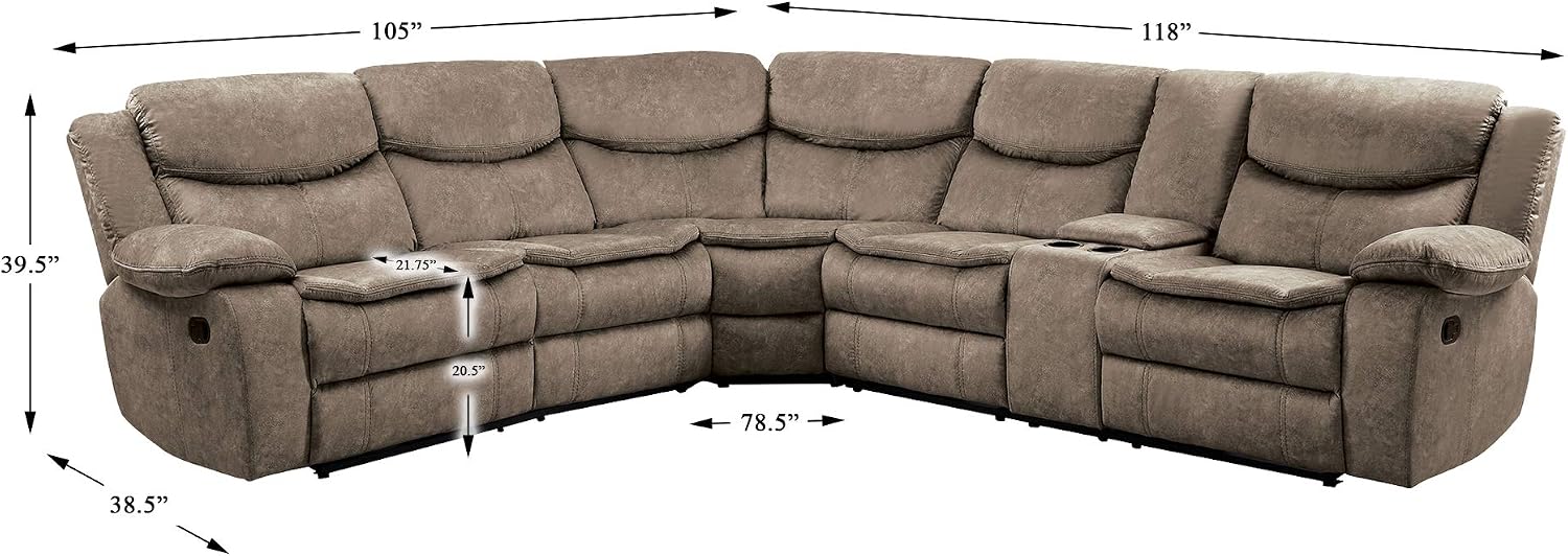 Homelegance 118" Manual Reclining Sectional Sofa, Brown