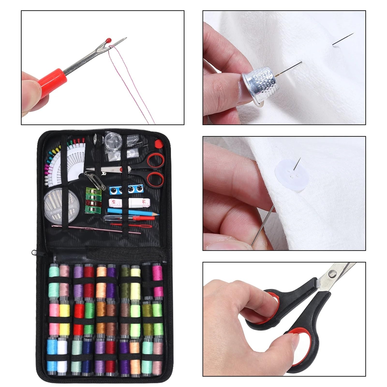 Kit de costura compacto 1 juego completo de costura con hilos, agujas, tijeras, cinta métrica y botones, portátil, for viaje, bordado, manualidades, herramientas(112pcs)