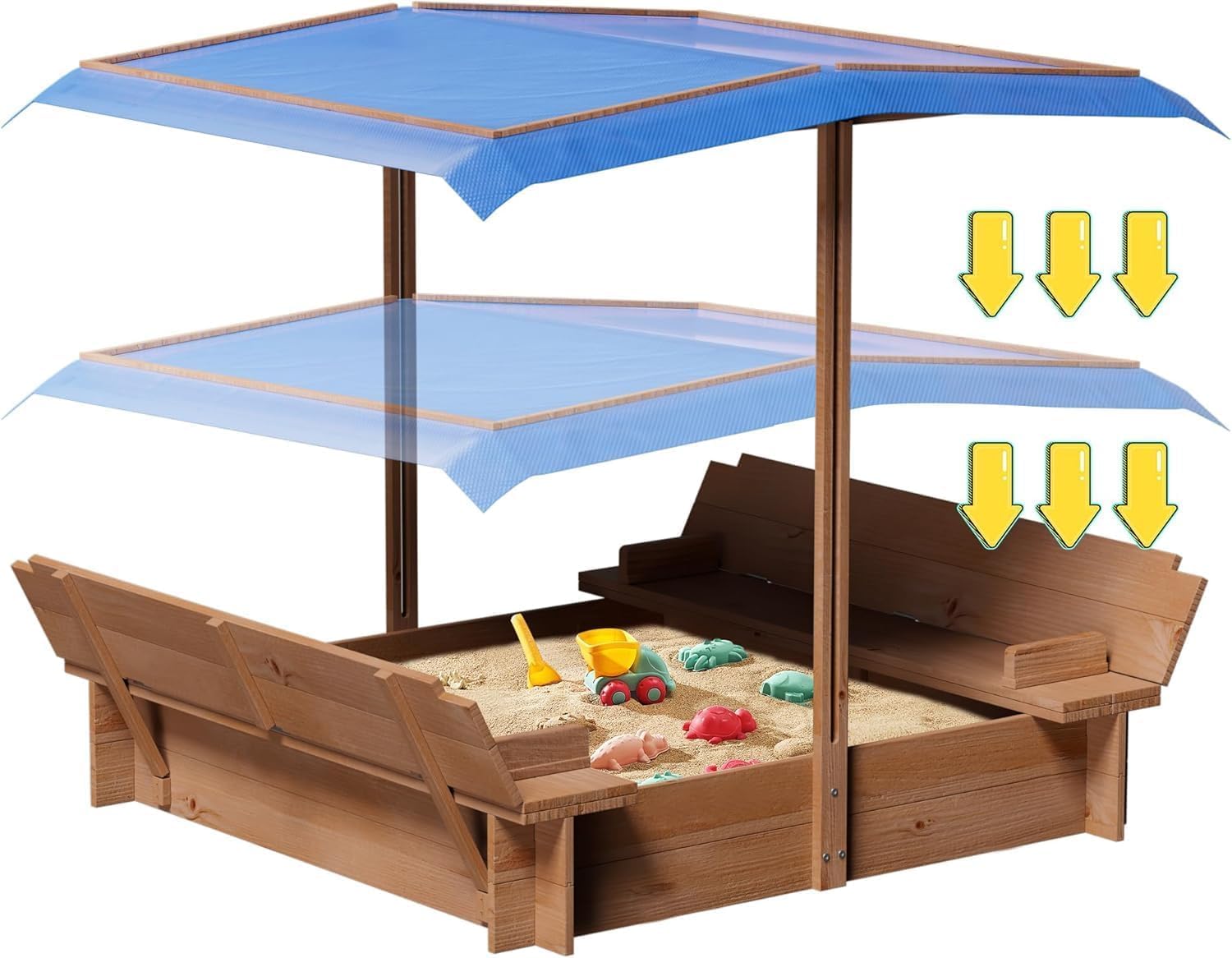 Kids Wooden Sandbox with Adjustable Canopy, Rotatable Sunshade Cover & Two Foldable Bench Seats for Outdoor Play